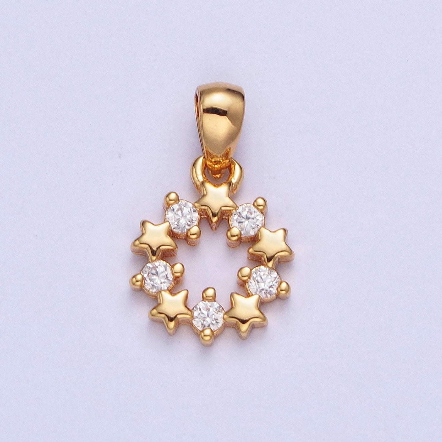 24K Gold Filled Round Dainty Stars Micro Pave Cubic Zirconia CZ Stones Pendant, Round Circular Stars Charm Bracelet Necklace Jewelry | X-449