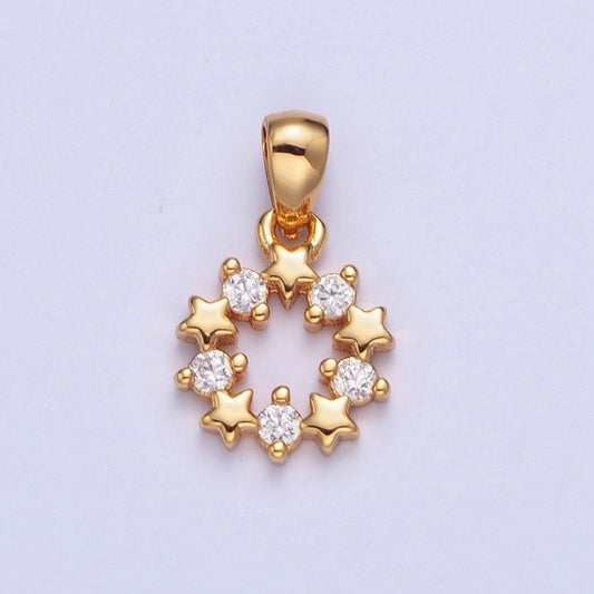 24K Gold Filled Round Dainty Stars Micro Pave Cubic Zirconia CZ Stones Pendant, Round Circular Stars Charm Bracelet Necklace Jewelry | X-449