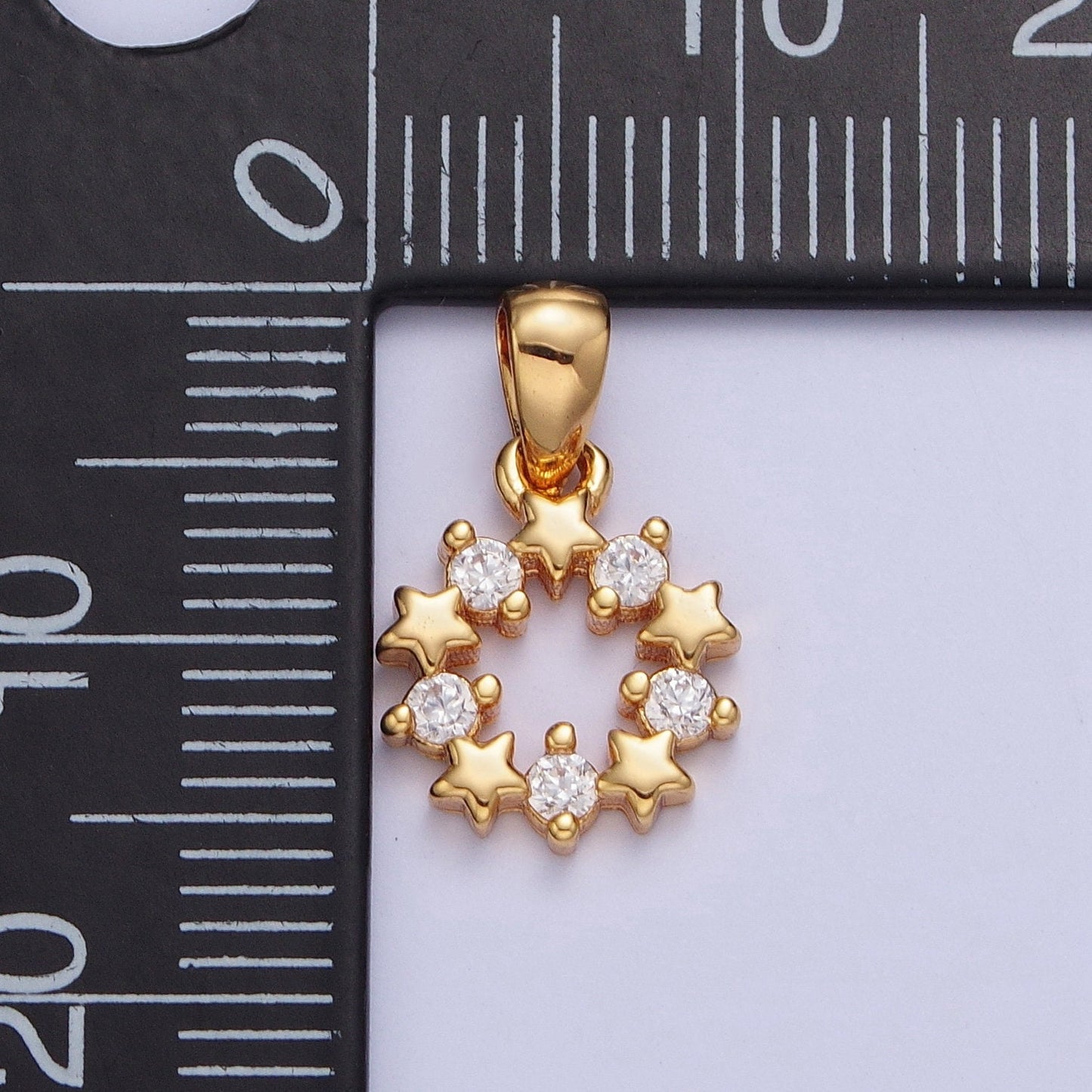 24K Gold Filled Round Dainty Stars Micro Pave Cubic Zirconia CZ Stones Pendant, Round Circular Stars Charm Bracelet Necklace Jewelry | X-449
