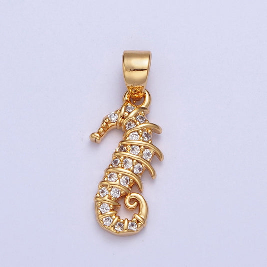 24K Gold Filled Cute Sea Horse Charm, Dainty Seahorse Clear Micro Pave CZ Pendant, Animal Charm Cubic Under the Sea | X-452