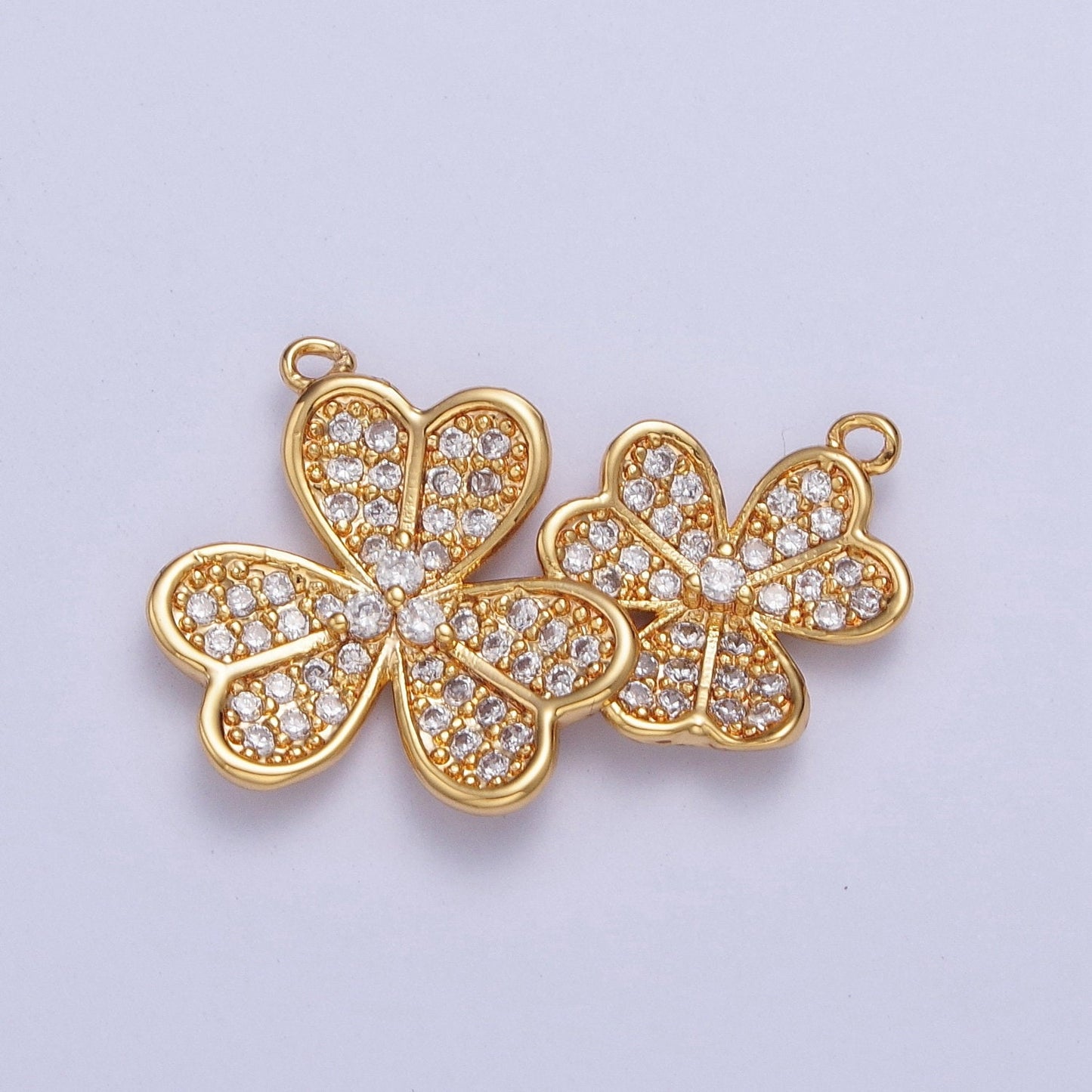24K Gold Filled Dainty Linked Four-Leaf Clovers Lucky Charm Connector Micro Pave Cubic Zirconia CZ Stones for Necklace Jewelry | F-489