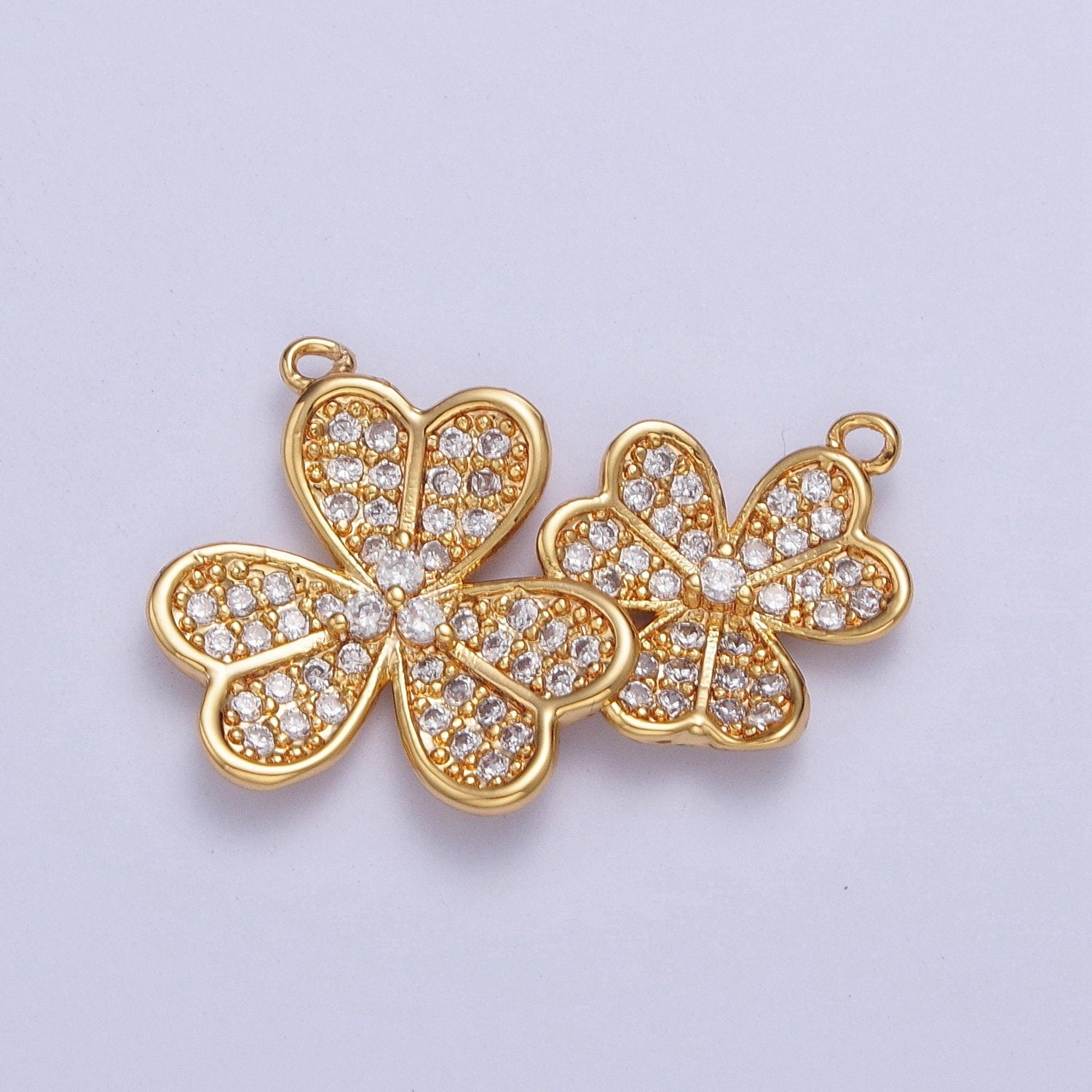 24K Gold Filled Dainty Linked Four-Leaf Clovers Lucky Charm Connector Micro Pave Cubic Zirconia CZ Stones for Necklace Jewelry | F-489