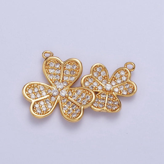 24K Gold Filled Dainty Linked Four-Leaf Clovers Lucky Charm Connector Micro Pave Cubic Zirconia CZ Stones for Necklace Jewelry | F-489