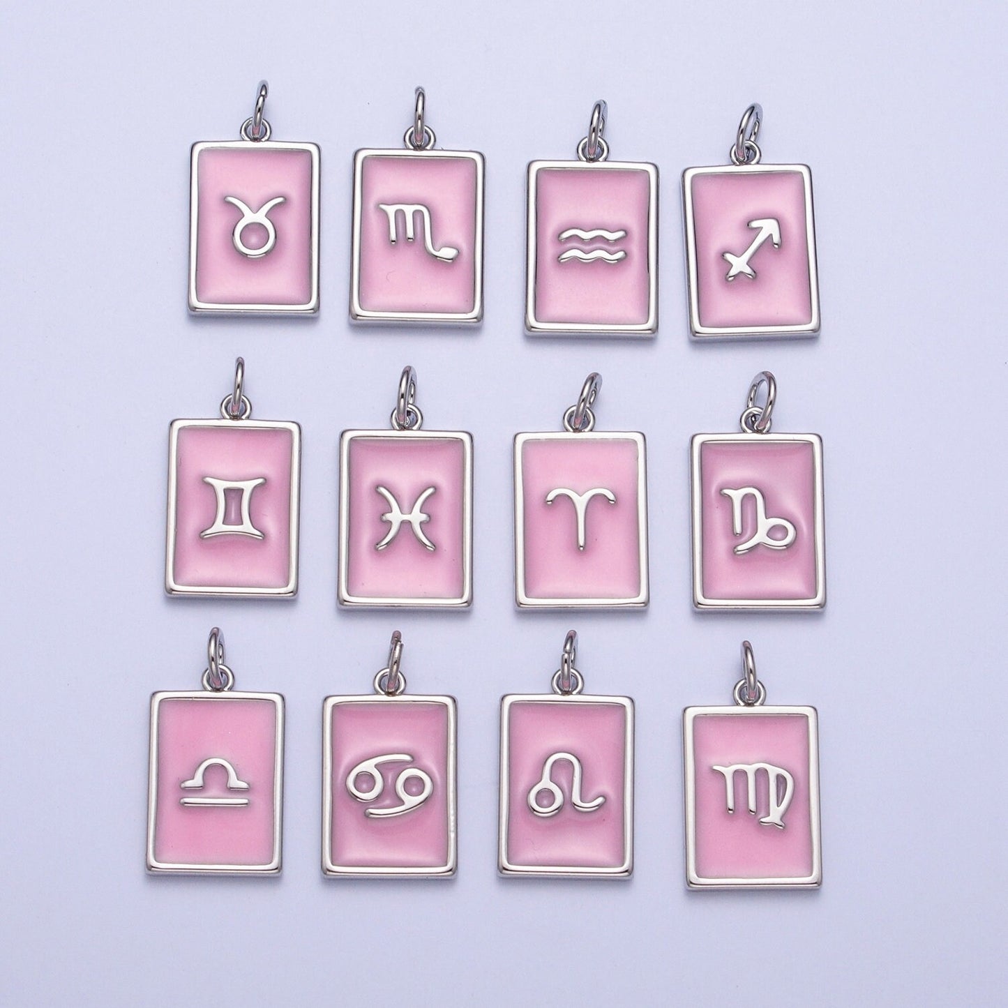 Silver Rectangular Baby Pink Enamel Zodiac Charms White Gold-Filled Astrological Zodiac Signs, Birthday, Horoscope Pendants | A1475-A1480