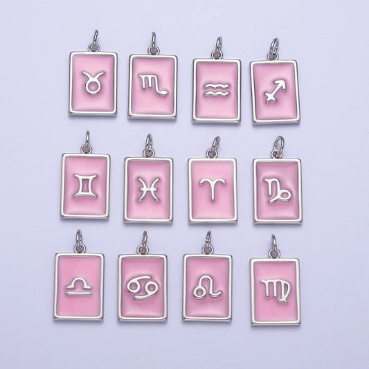 Silver Rectangular Baby Pink Enamel Zodiac Charms White Gold-Filled Astrological Zodiac Signs, Birthday, Horoscope Pendants | A1475-A1480