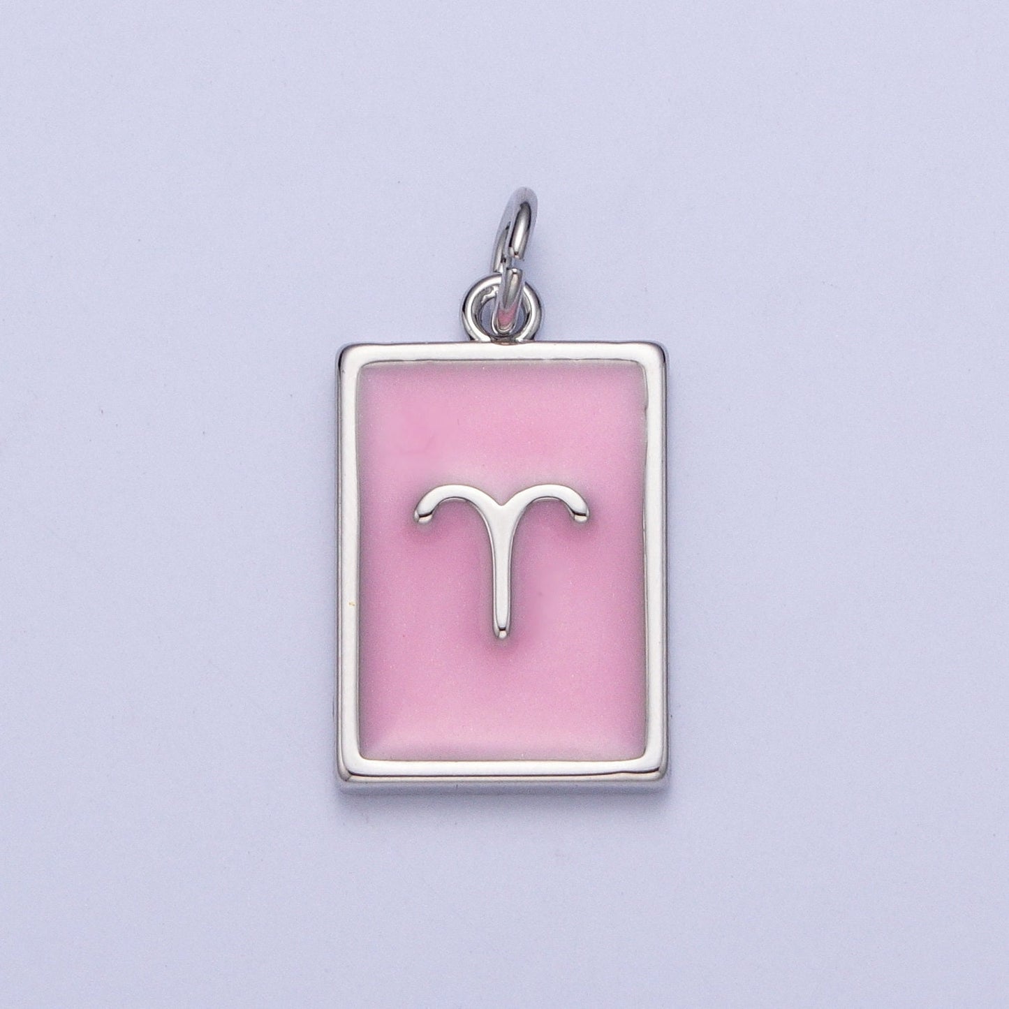 Silver Rectangular Baby Pink Enamel Zodiac Charms White Gold-Filled Astrological Zodiac Signs, Birthday, Horoscope Pendants | A1475-A1480