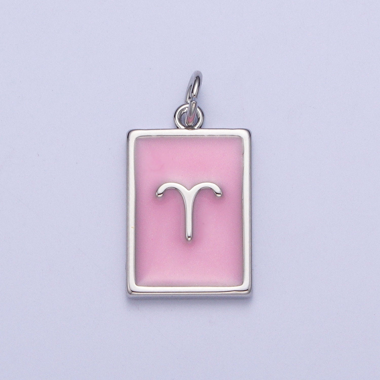 Silver Rectangular Baby Pink Enamel Zodiac Charms White Gold-Filled Astrological Zodiac Signs, Birthday, Horoscope Pendants | A1475-A1480