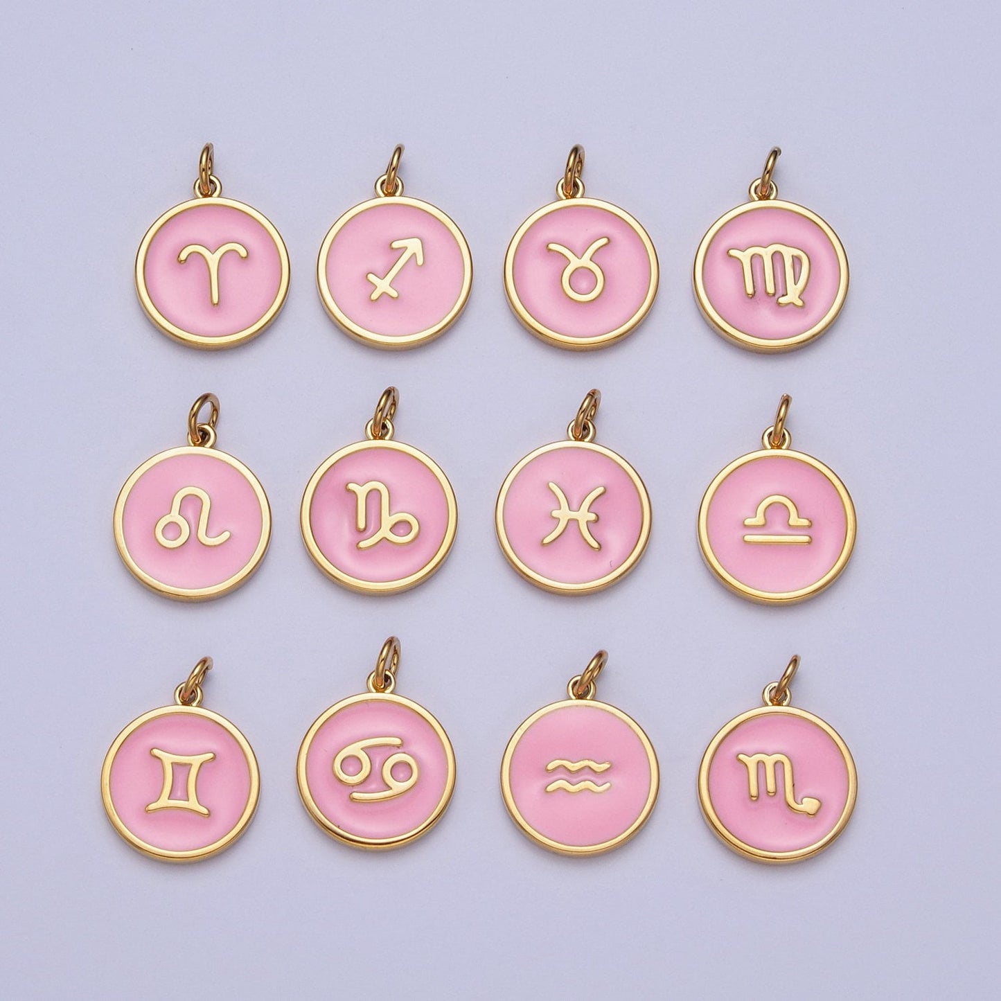 24K Gold Filled Dainty Round Baby Pink Enamel Circle Zodiac Charms, Astrological Zodiac Signs, Birthday, Horoscope Pendants| A1457-A1462