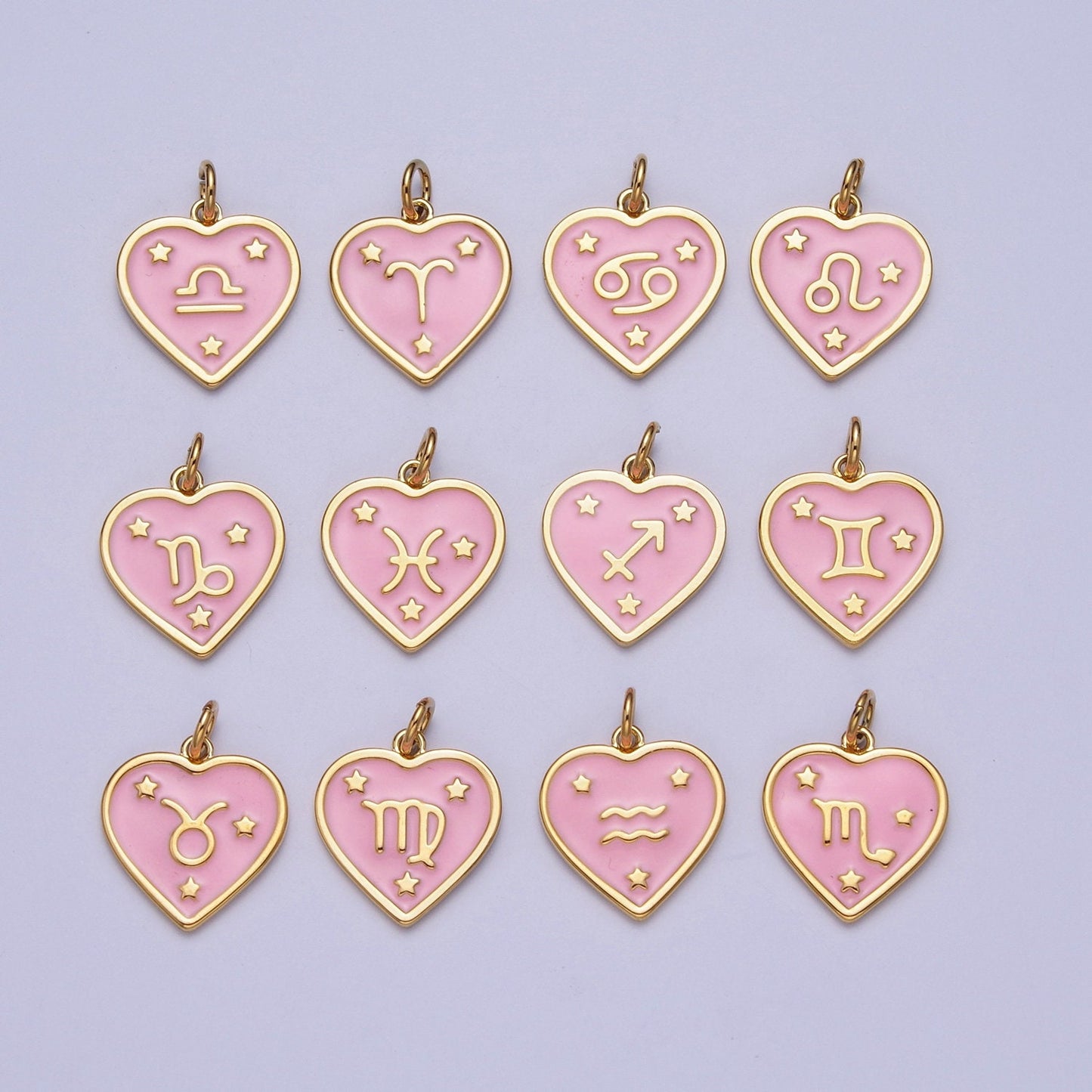 Dainty 24K Gold Baby Pink Enamel Stars Heart-Shaped Zodiac Charms, Astrological Zodiac Signs, Birthday, Horoscope Pendants | A1481-A1486