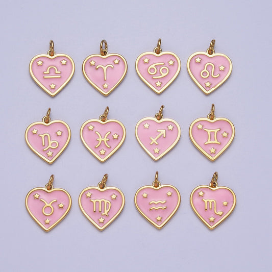 Dainty 24K Gold Baby Pink Enamel Stars Heart-Shaped Zodiac Charms, Astrological Zodiac Signs, Birthday, Horoscope Pendants | A1481-A1486