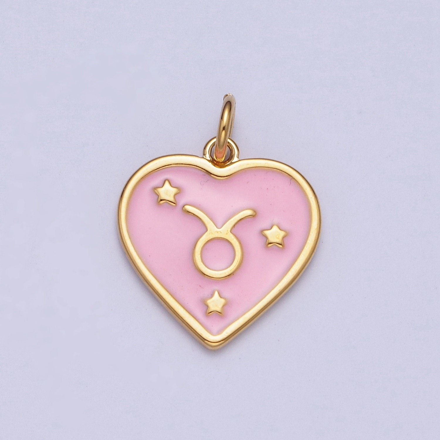 Dainty 24K Gold Baby Pink Enamel Stars Heart-Shaped Zodiac Charms, Astrological Zodiac Signs, Birthday, Horoscope Pendants | A1481-A1486