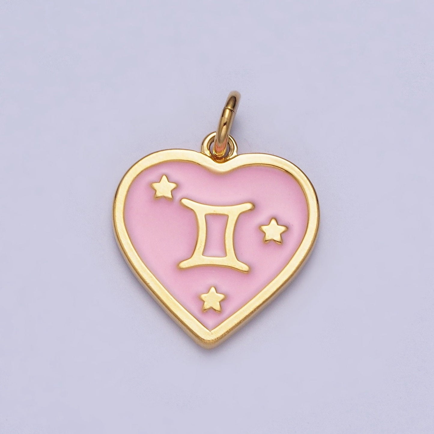 Dainty 24K Gold Baby Pink Enamel Stars Heart-Shaped Zodiac Charms, Astrological Zodiac Signs, Birthday, Horoscope Pendants | A1481-A1486