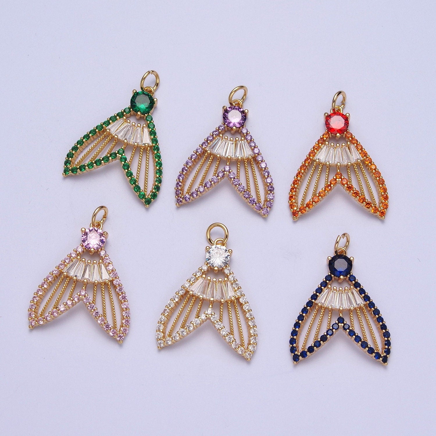24K Gold Filled Mermaid Fish Tail Micro Pave CZ Pendants, Colorful Cubic Zirconia Baguette Stone Fish Tail Charms | X-188~X-193