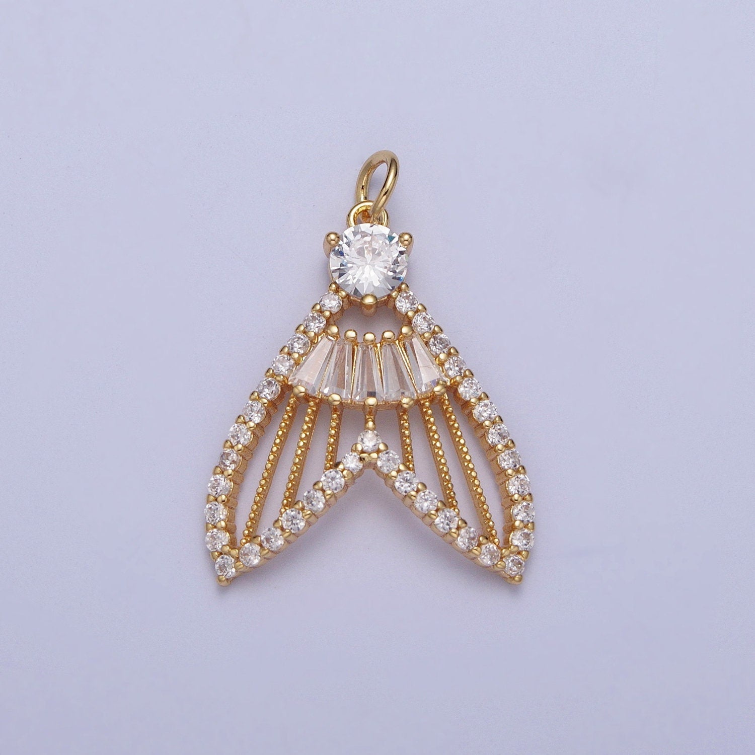 24K Gold Filled Mermaid Fish Tail Micro Pave CZ Pendants, Colorful Cubic Zirconia Baguette Stone Fish Tail Charms | X-188~X-193