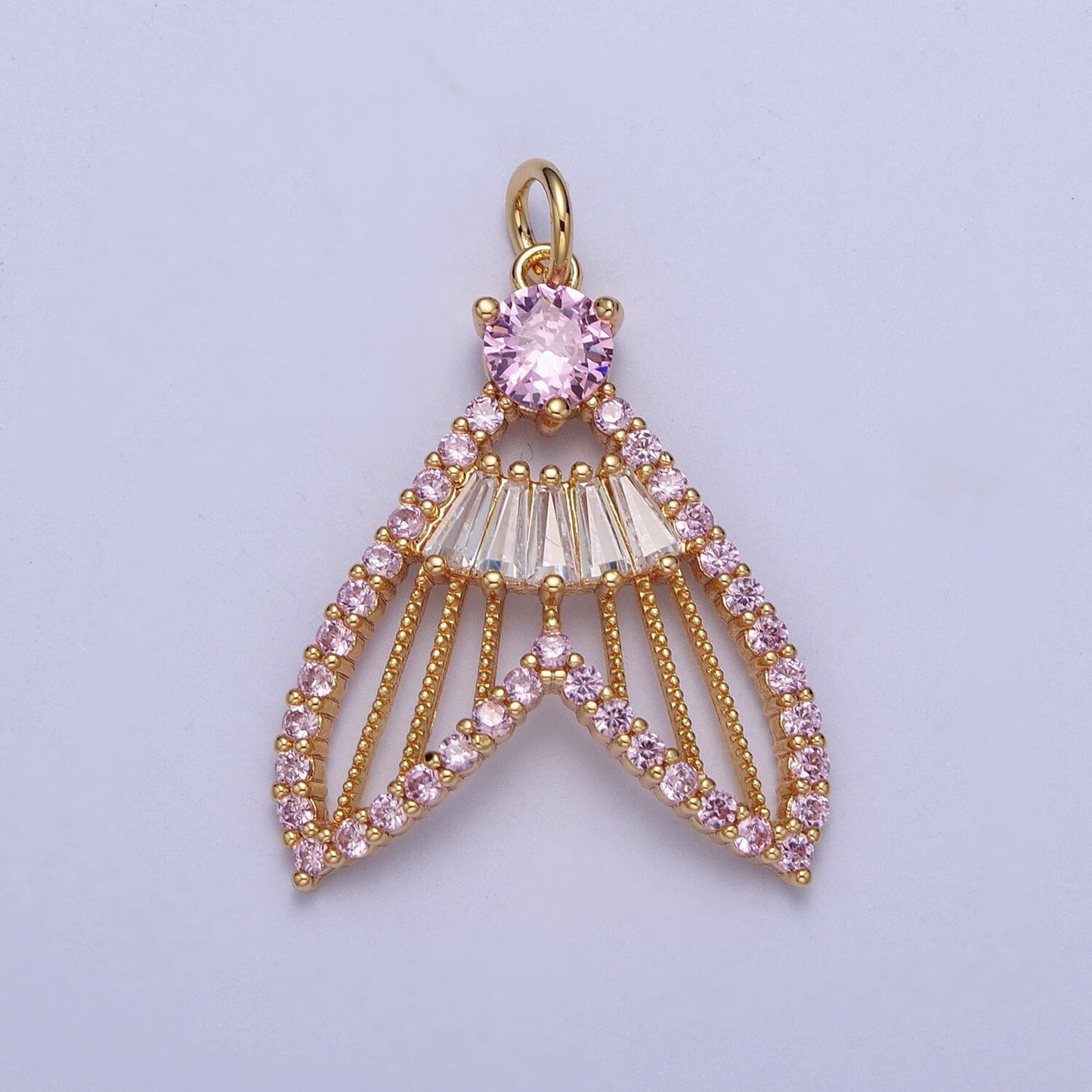 24K Gold Filled Mermaid Fish Tail Micro Pave CZ Pendants, Colorful Cubic Zirconia Baguette Stone Fish Tail Charms | X-188~X-193