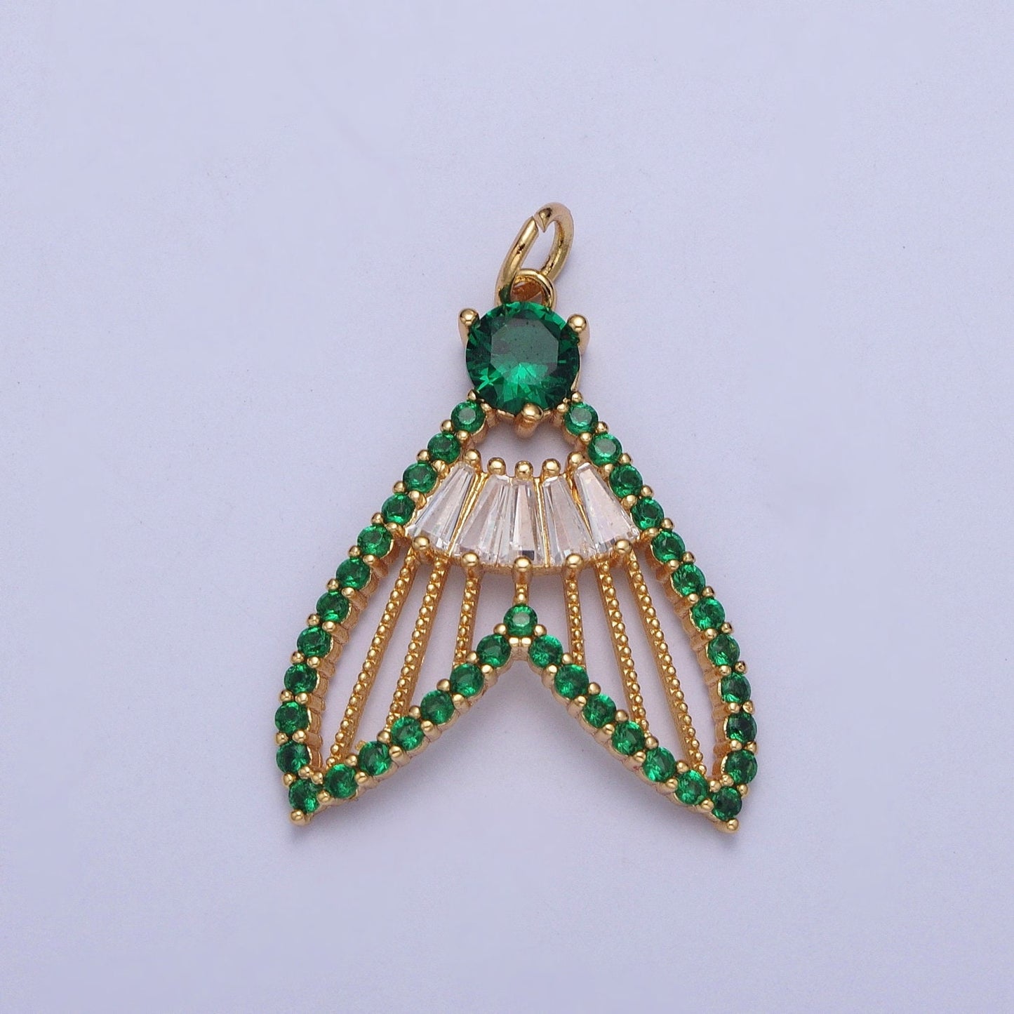 24K Gold Filled Mermaid Fish Tail Micro Pave CZ Pendants, Colorful Cubic Zirconia Baguette Stone Fish Tail Charms | X-188~X-193