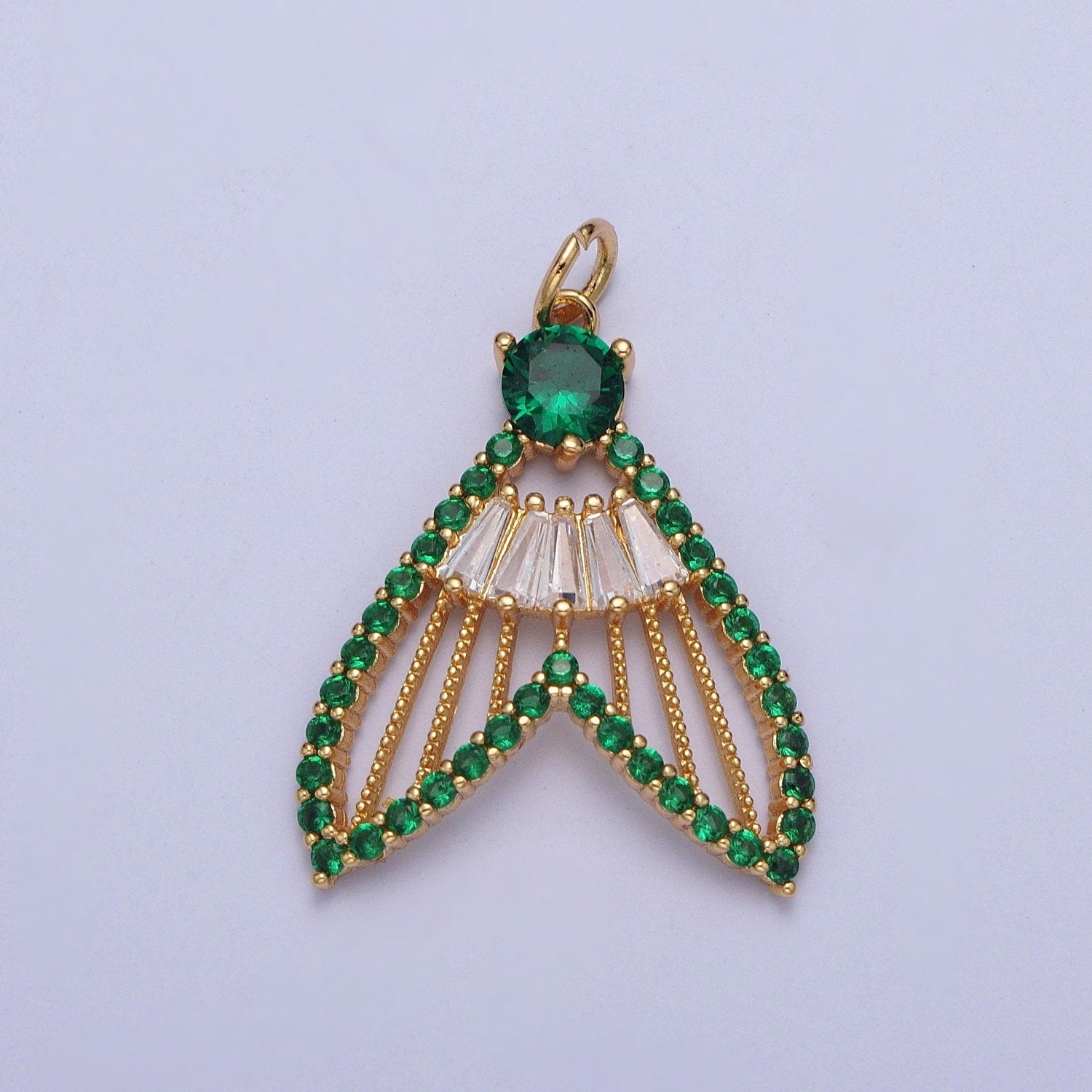 24K Gold Filled Mermaid Fish Tail Micro Pave CZ Pendants, Colorful Cubic Zirconia Baguette Stone Fish Tail Charms | X-188~X-193