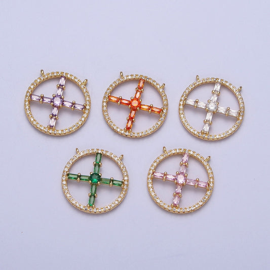 14K Gold Filled Cross Wheel Colored Baguette CZ Stone Link Connector, Micro Pave Cubic Zirconia Round Wheel Charms Connector | G-885~G-890