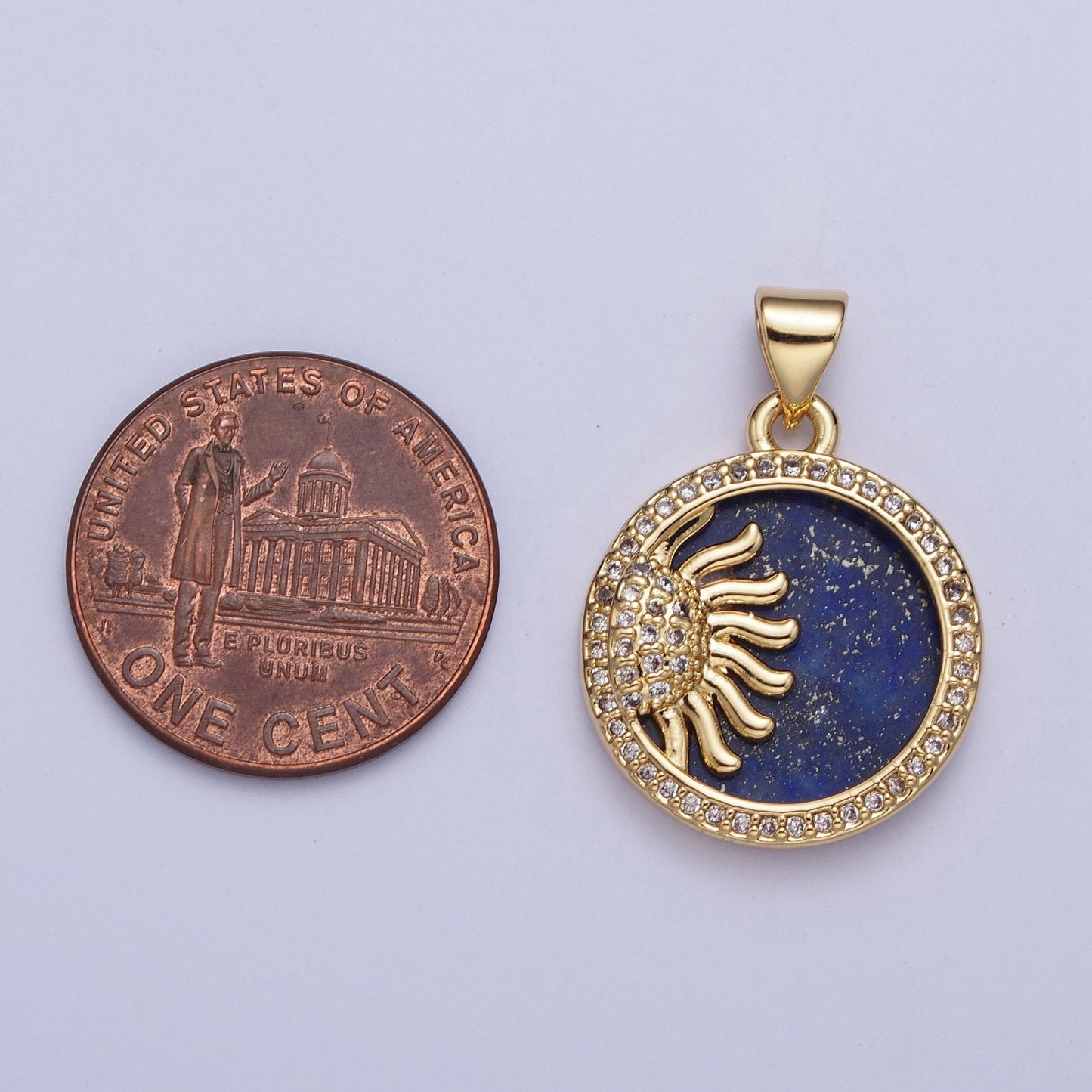 Gold Blue Lapiz Sun Rays Galaxy Coin Medallion Pendant, 24K Gold Filled Round Micro Pave CZ Summer Sunshine Charm For Jewelry Making | X-428