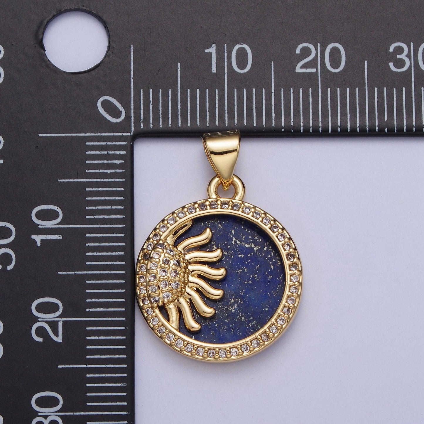 Gold Blue Lapiz Sun Rays Galaxy Coin Medallion Pendant, 24K Gold Filled Round Micro Pave CZ Summer Sunshine Charm For Jewelry Making | X-428