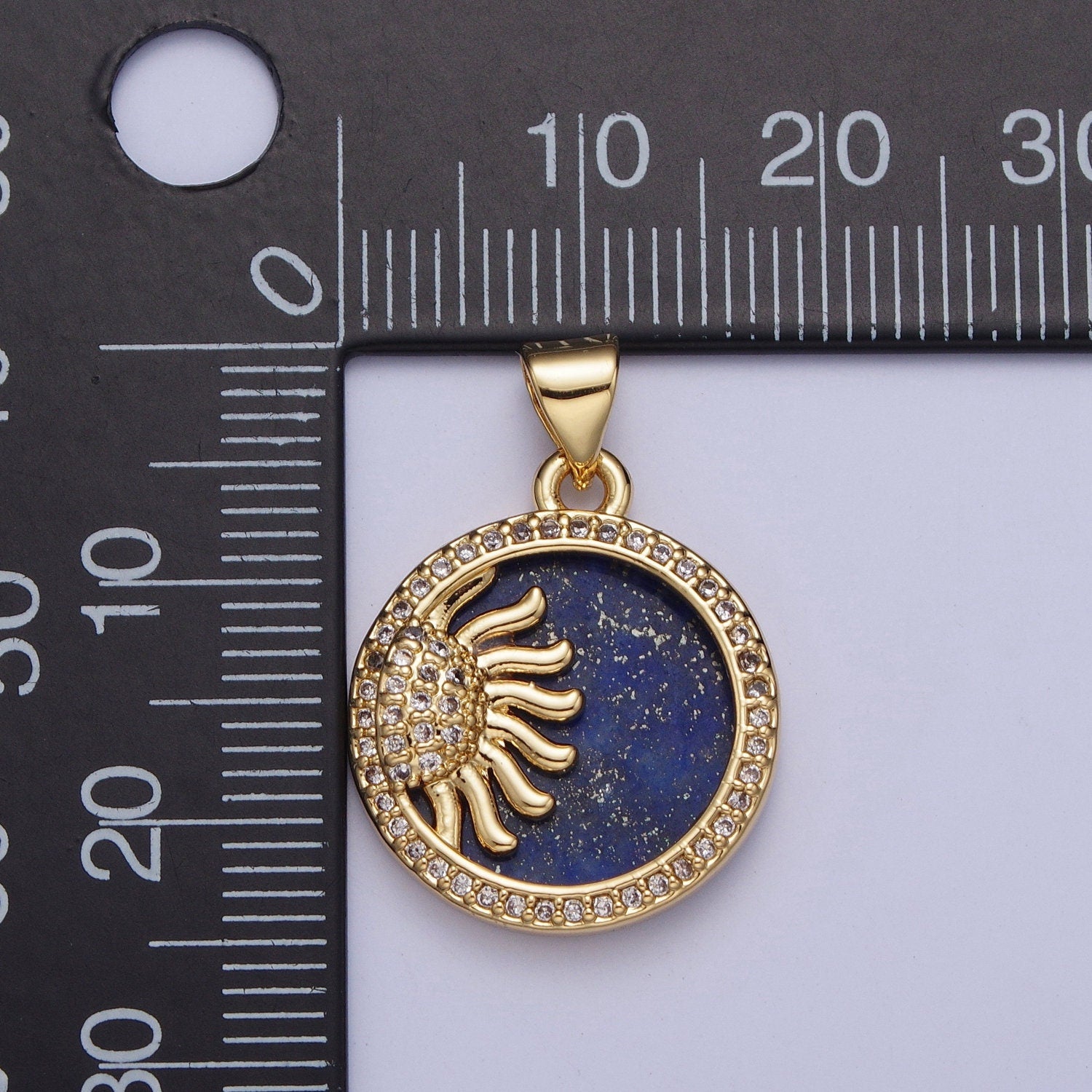 Gold Blue Lapiz Sun Rays Galaxy Coin Medallion Pendant, 24K Gold Filled Round Micro Pave CZ Summer Sunshine Charm For Jewelry Making | X-428