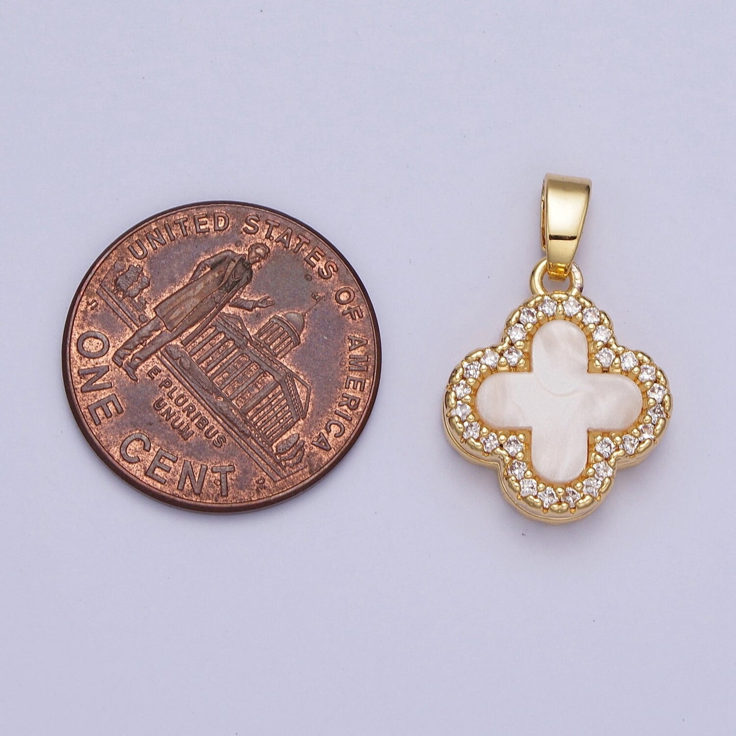 Double Sided CZ Black and White Quatrefoil Lucky Four-Leaf Clover Pendant, 24K Gold Plated Micro Paved Cubic Zirconia B&W Charm | X-521