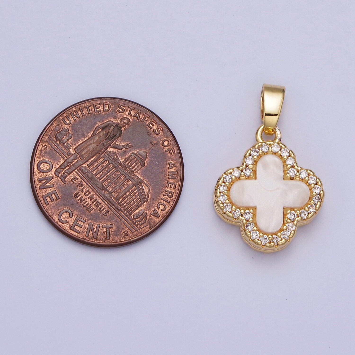 Double Sided CZ Black and White Quatrefoil Lucky Four-Leaf Clover Pendant, 24K Gold Plated Micro Paved Cubic Zirconia B&W Charm | X-521