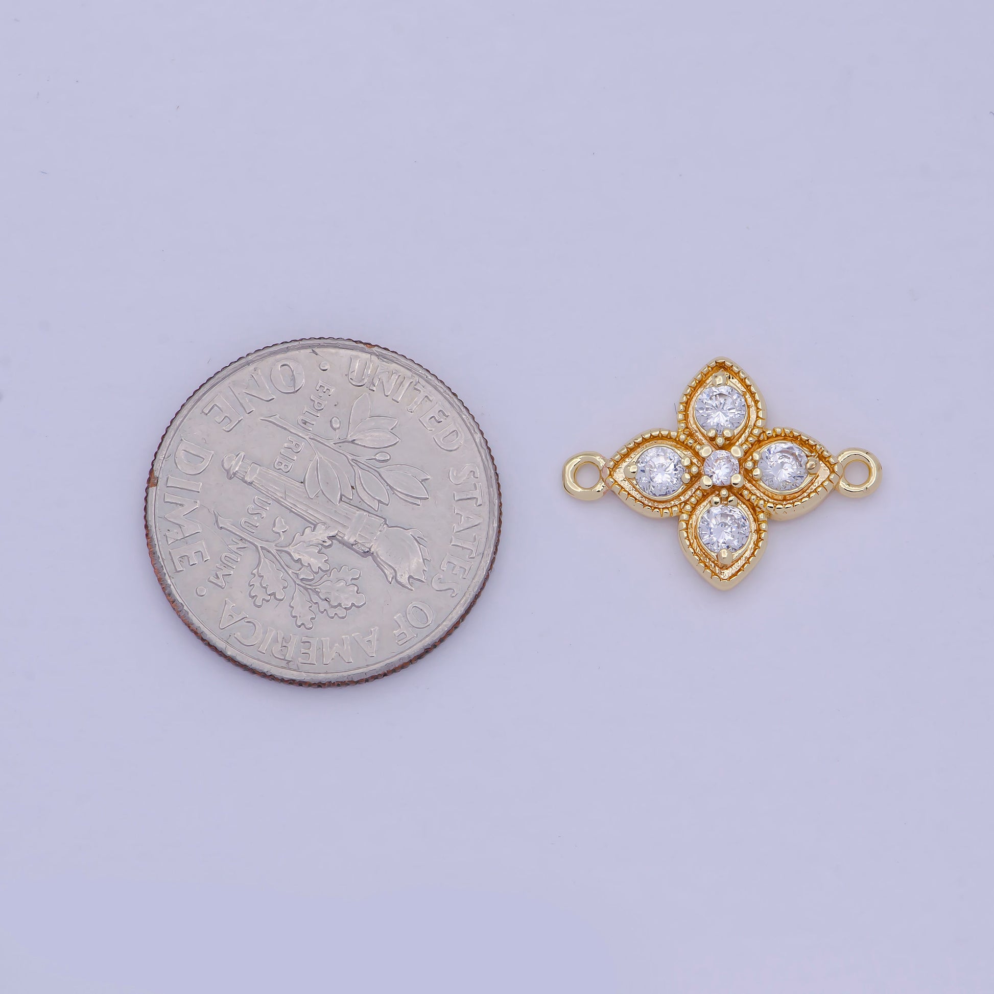 Gold Flower Charm Connector, 14K Gold Filled Micro Paved Clear CZ Stones Beaded Edge Four-Petaled Florette Floral Link Connector | F-800