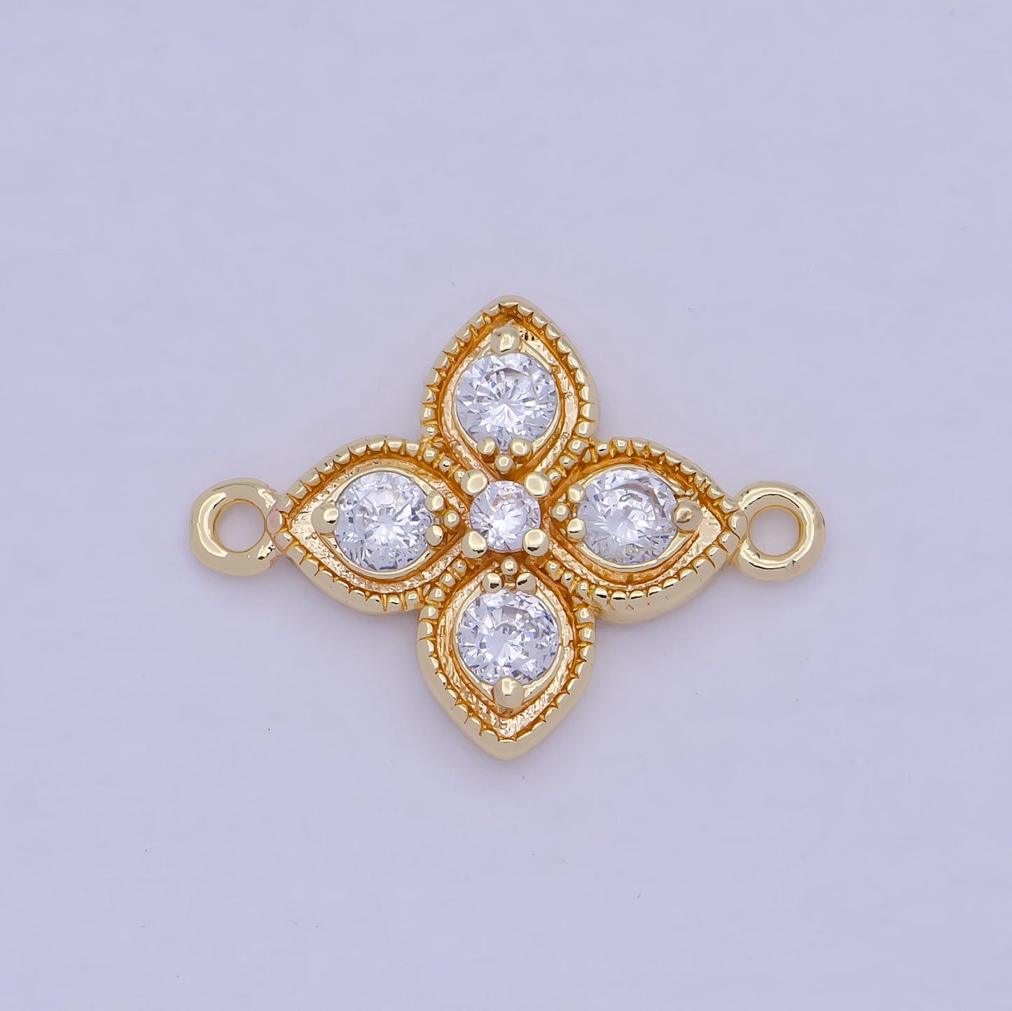 Gold Flower Charm Connector, 14K Gold Filled Micro Paved Clear CZ Stones Beaded Edge Four-Petaled Florette Floral Link Connector | F-800