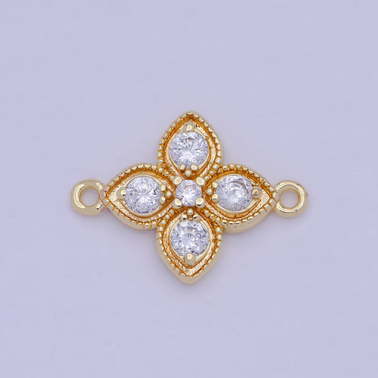 Gold Flower Charm Connector, 14K Gold Filled Micro Paved Clear CZ Stones Beaded Edge Four-Petaled Florette Floral Link Connector | F-800