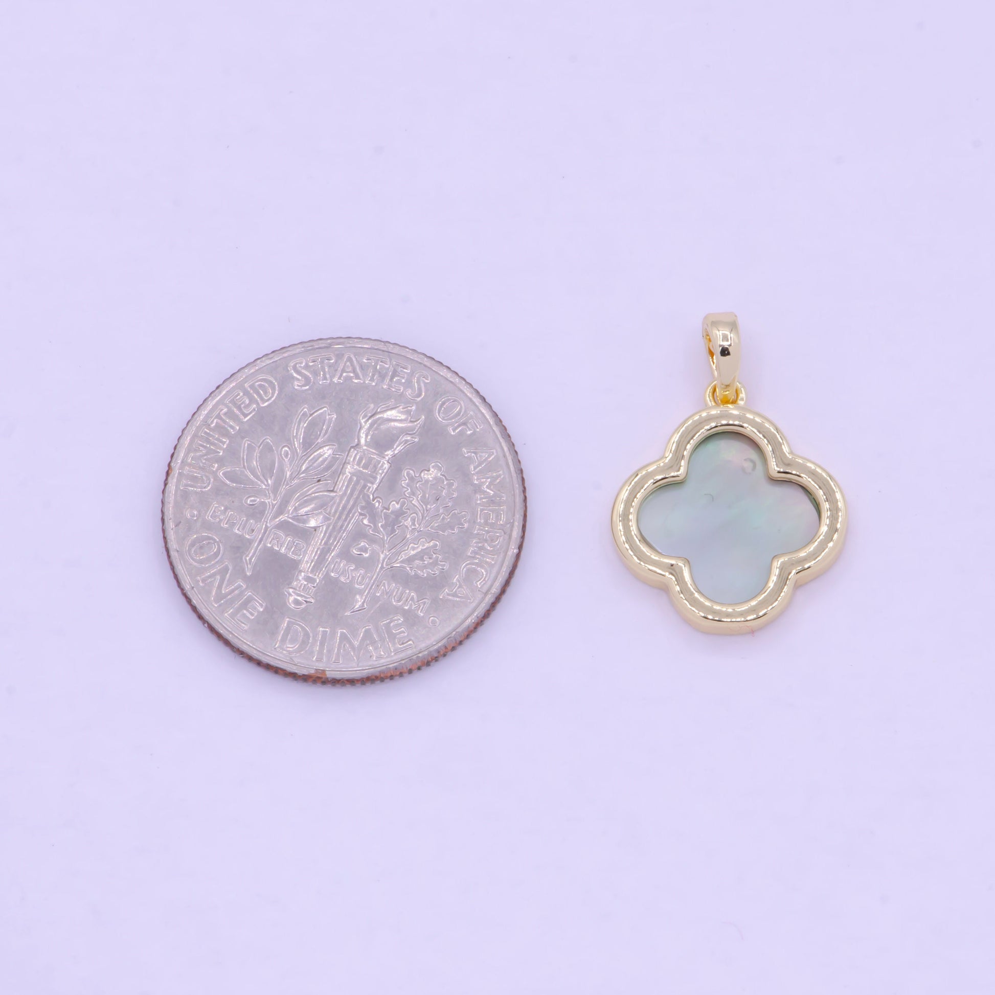 Gold Abalone Four Leaf Clover Lucky Flower Pendant, 14K Gold Plated Floral Florette Emblem Charm | X-460