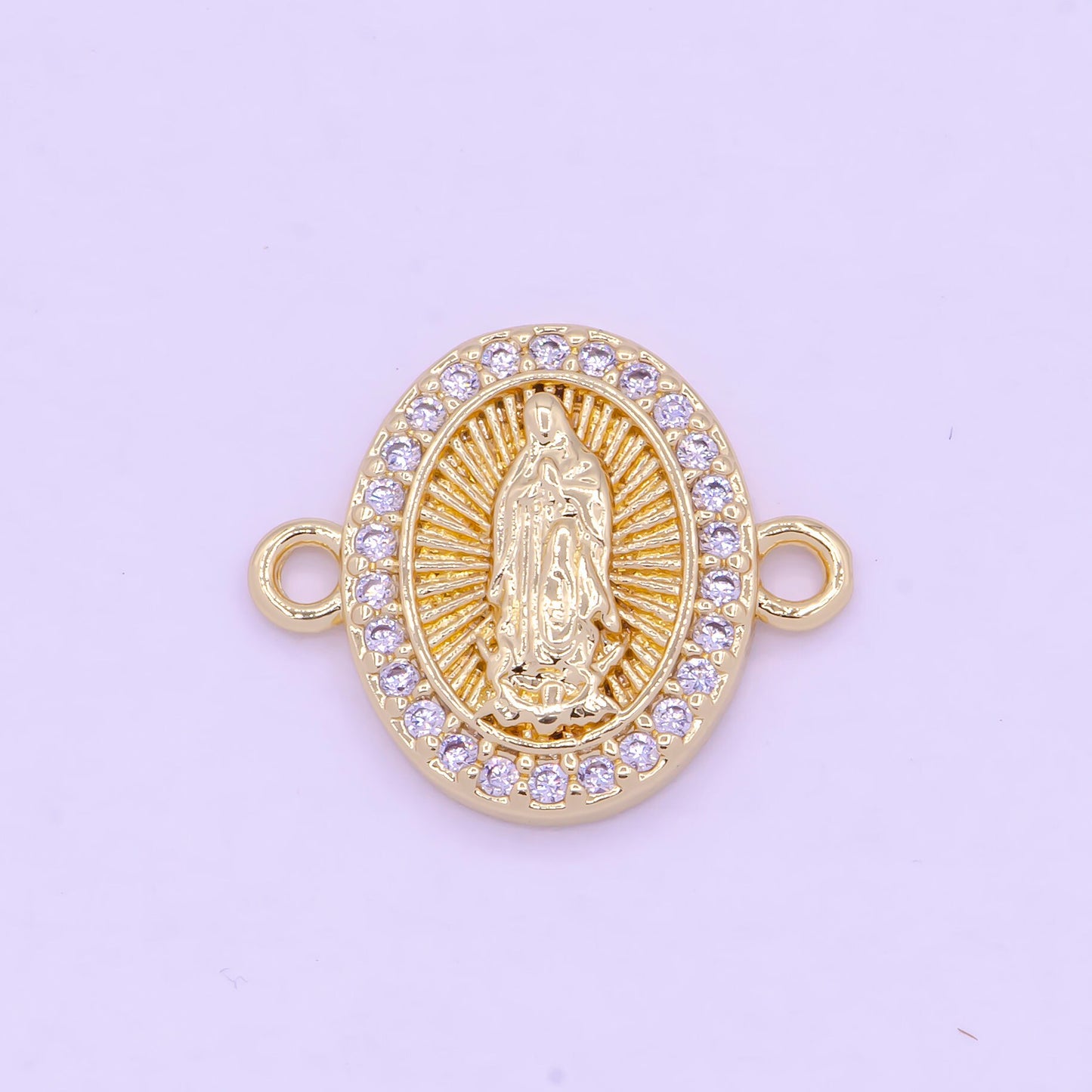 Gold Our Lady of Guadalupe Charm Connector, 24K Gold Plated Clear Micro Paved CZ Virgin Mary Religious Medallion Link Connector | G-470