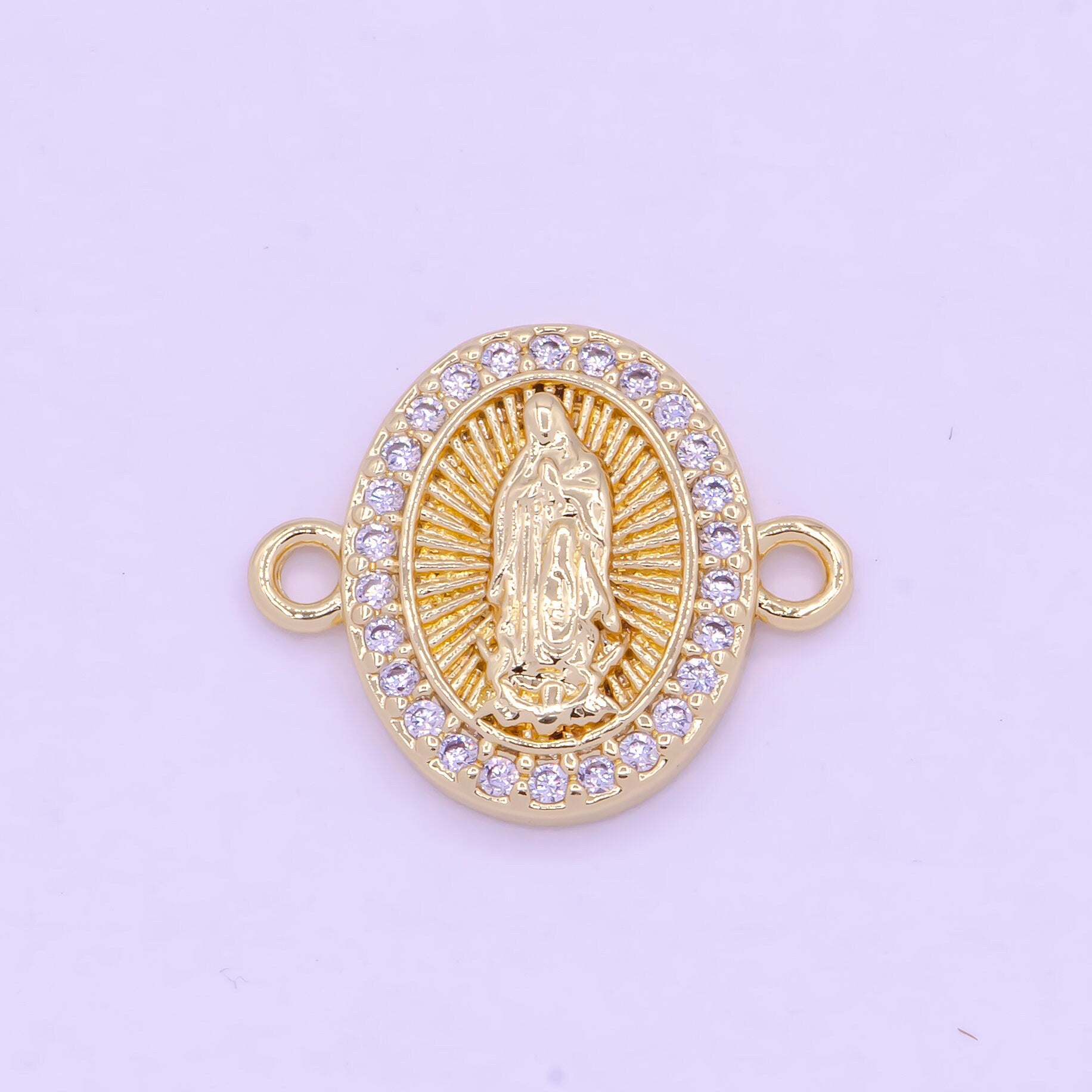 Gold Our Lady of Guadalupe Charm Connector, 24K Gold Plated Clear Micro Paved CZ Virgin Mary Religious Medallion Link Connector | G-470
