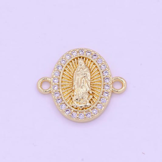 Gold Our Lady of Guadalupe Charm Connector, 24K Gold Plated Clear Micro Paved CZ Virgin Mary Religious Medallion Link Connector | G-470