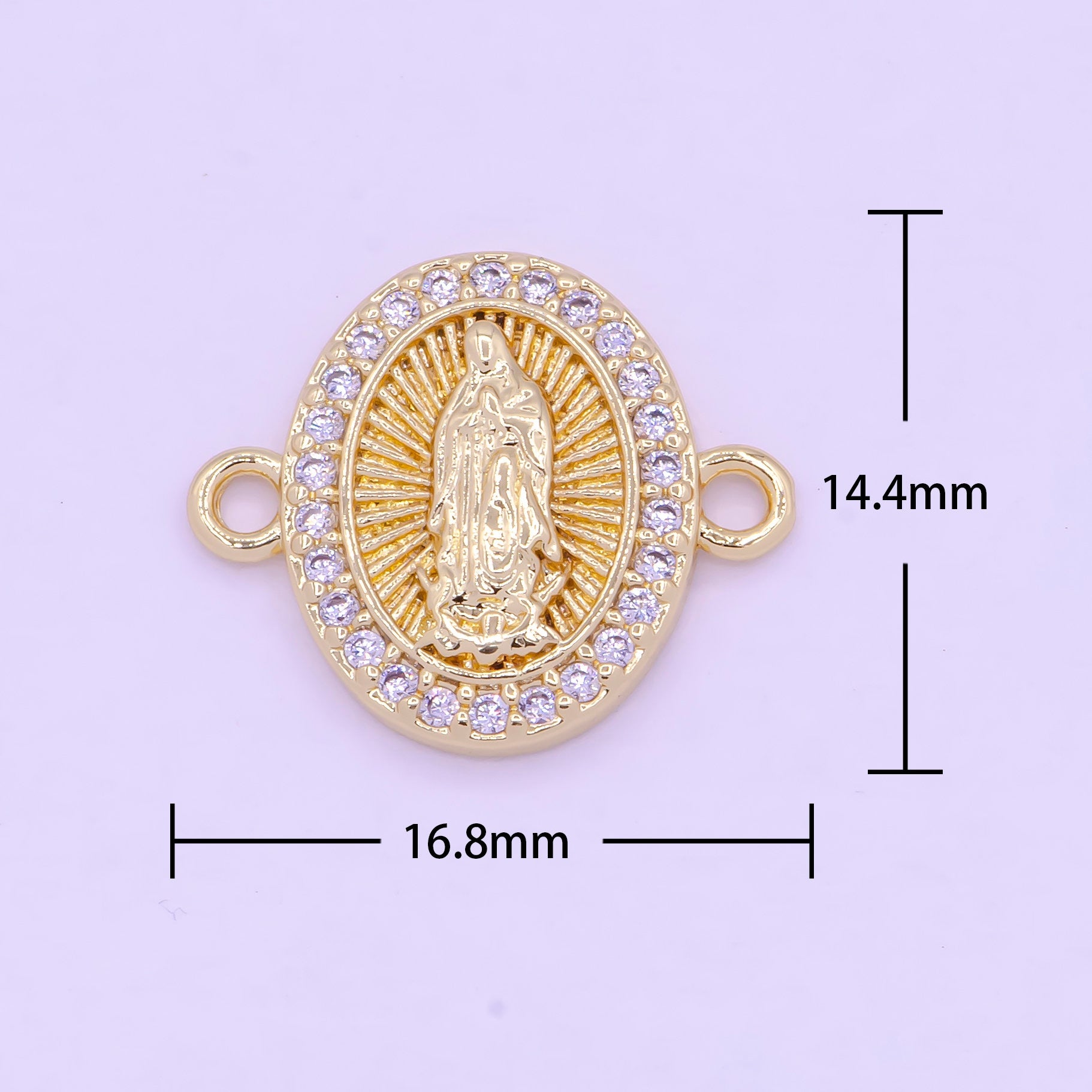 Gold Our Lady of Guadalupe Charm Connector, 24K Gold Plated Clear Micro Paved CZ Virgin Mary Religious Medallion Link Connector | G-470