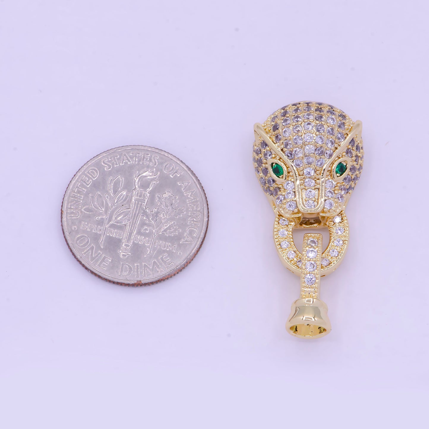 Gold CZ Panther Head Buckle Emerald Green Micro Paved CZ Eyed Leopard Interlocking 14K Gold Filled Clasp for Jewelry Making | L-848