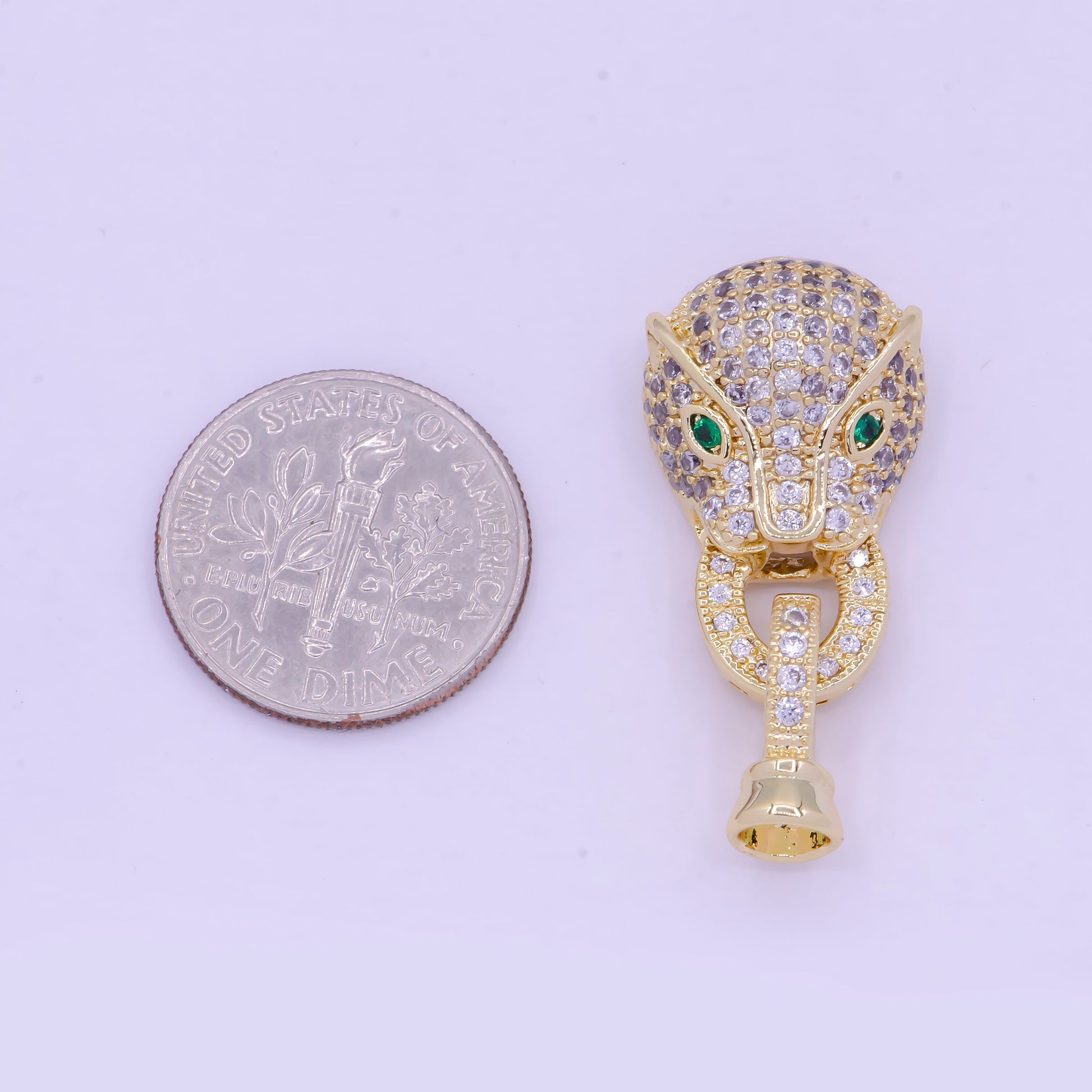 Gold CZ Panther Head Buckle Emerald Green Micro Paved CZ Eyed Leopard Interlocking 14K Gold Filled Clasp for Jewelry Making | L-848