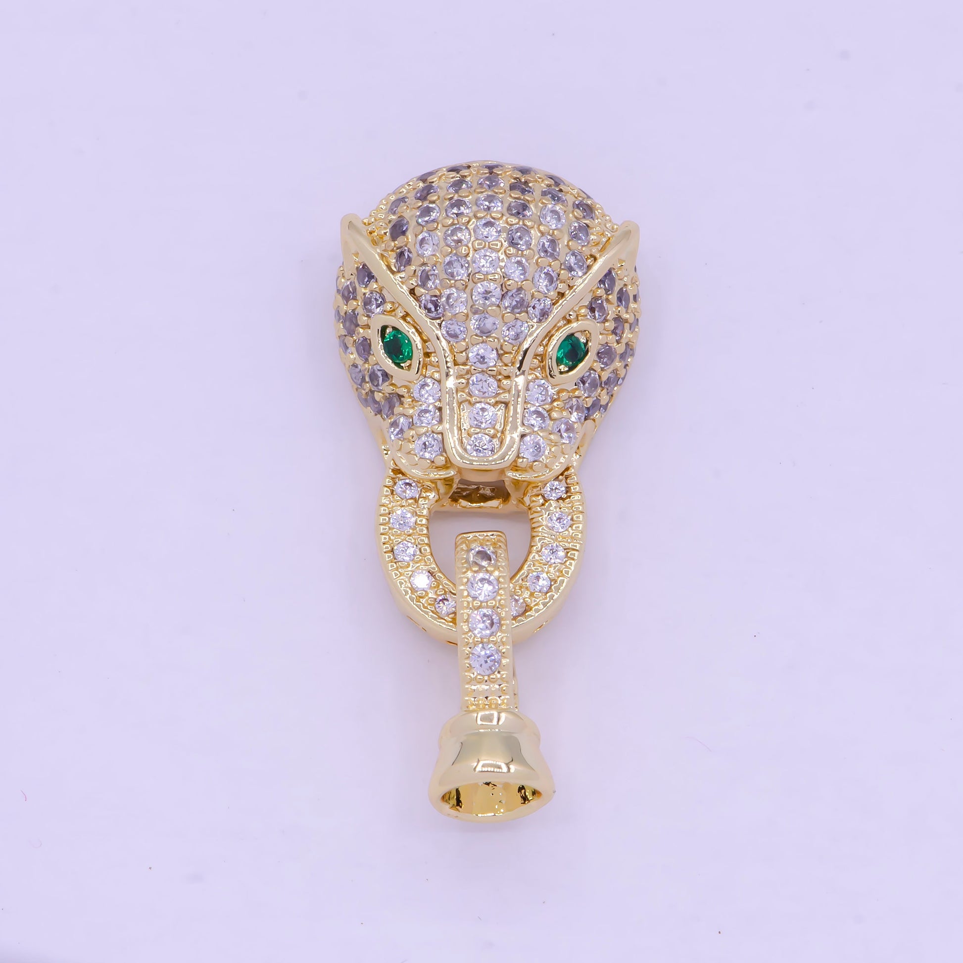 Gold CZ Panther Head Buckle Emerald Green Micro Paved CZ Eyed Leopard Interlocking 14K Gold Filled Clasp for Jewelry Making | L-848