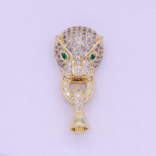 Gold CZ Panther Head Buckle Emerald Green Micro Paved CZ Eyed Leopard Interlocking 14K Gold Filled Clasp for Jewelry Making | L-848