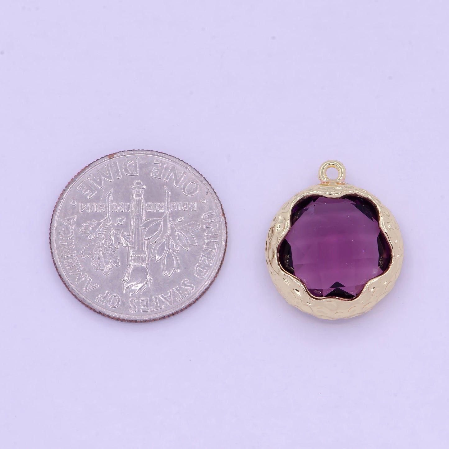 Gold Floral Outline with Deep Royal Purple CZ Pendant, 14K Gold Plated Dark Purple Flower Florette Outline Round Circle Charm | AG-079
