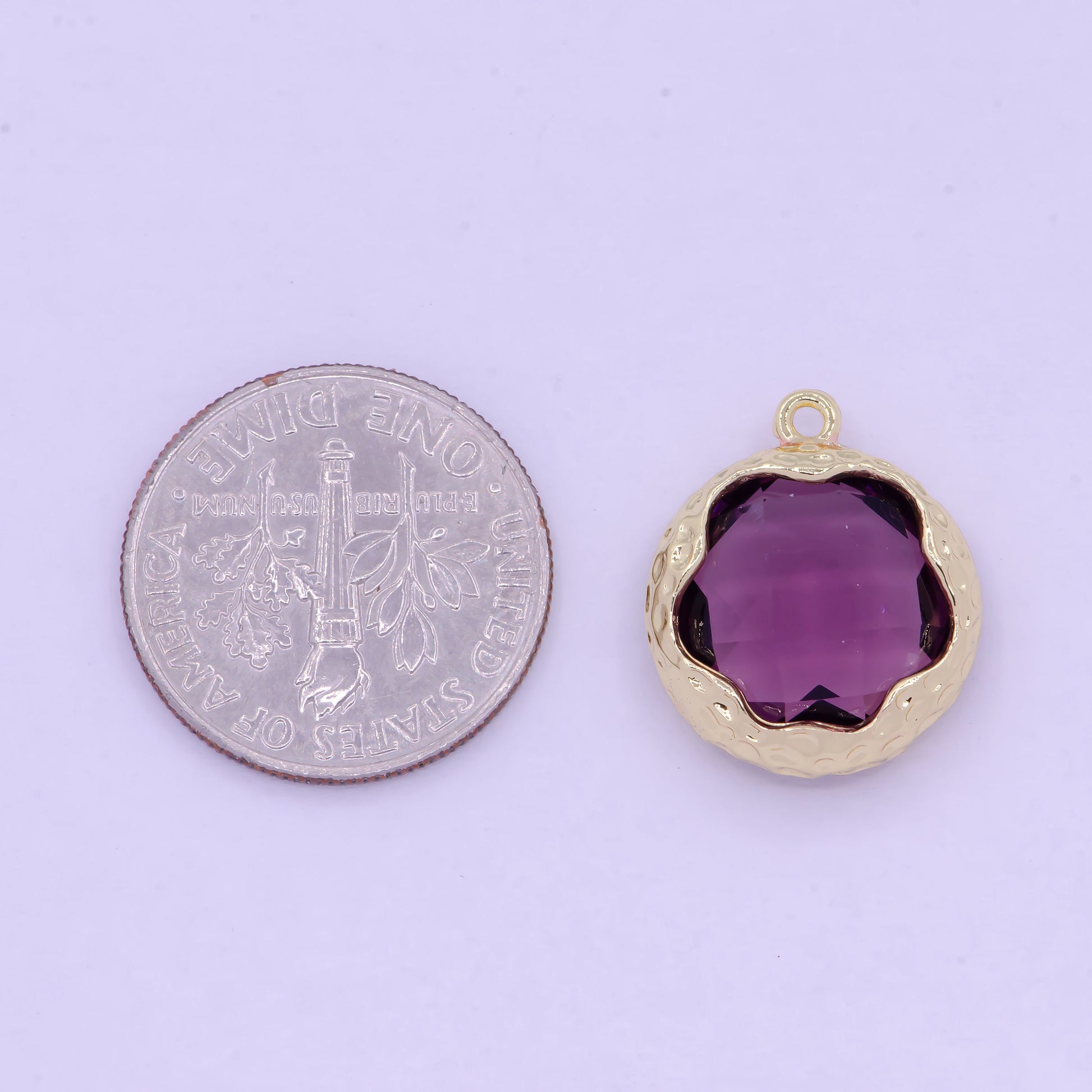 Gold Floral Outline with Deep Royal Purple CZ Pendant, 14K Gold Plated Dark Purple Flower Florette Outline Round Circle Charm | AG-079