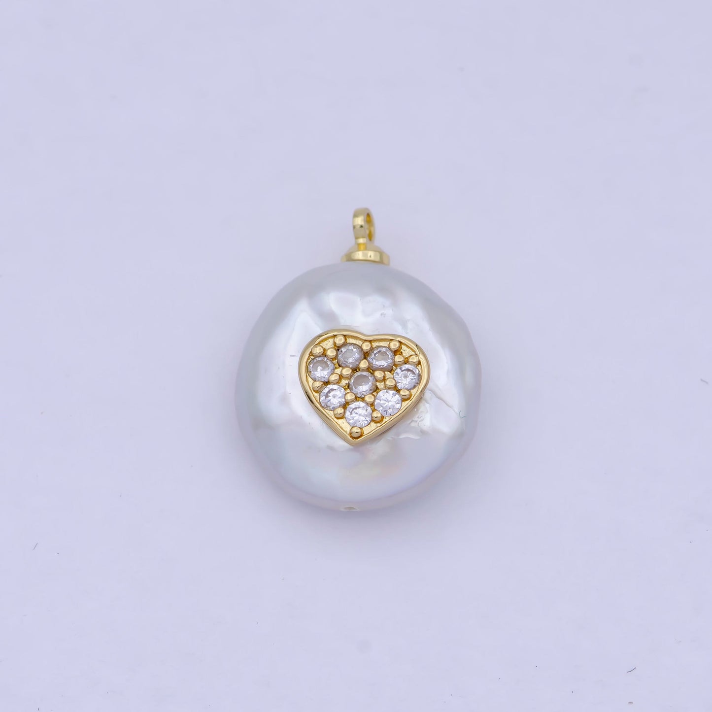 1pc Tiny Gold CZ Heart on Pearl Pendant, 24K Gold Filled Baroque Shaped Pearls w. Micro Paved Clear CZ Heart Center Charm | P-1555