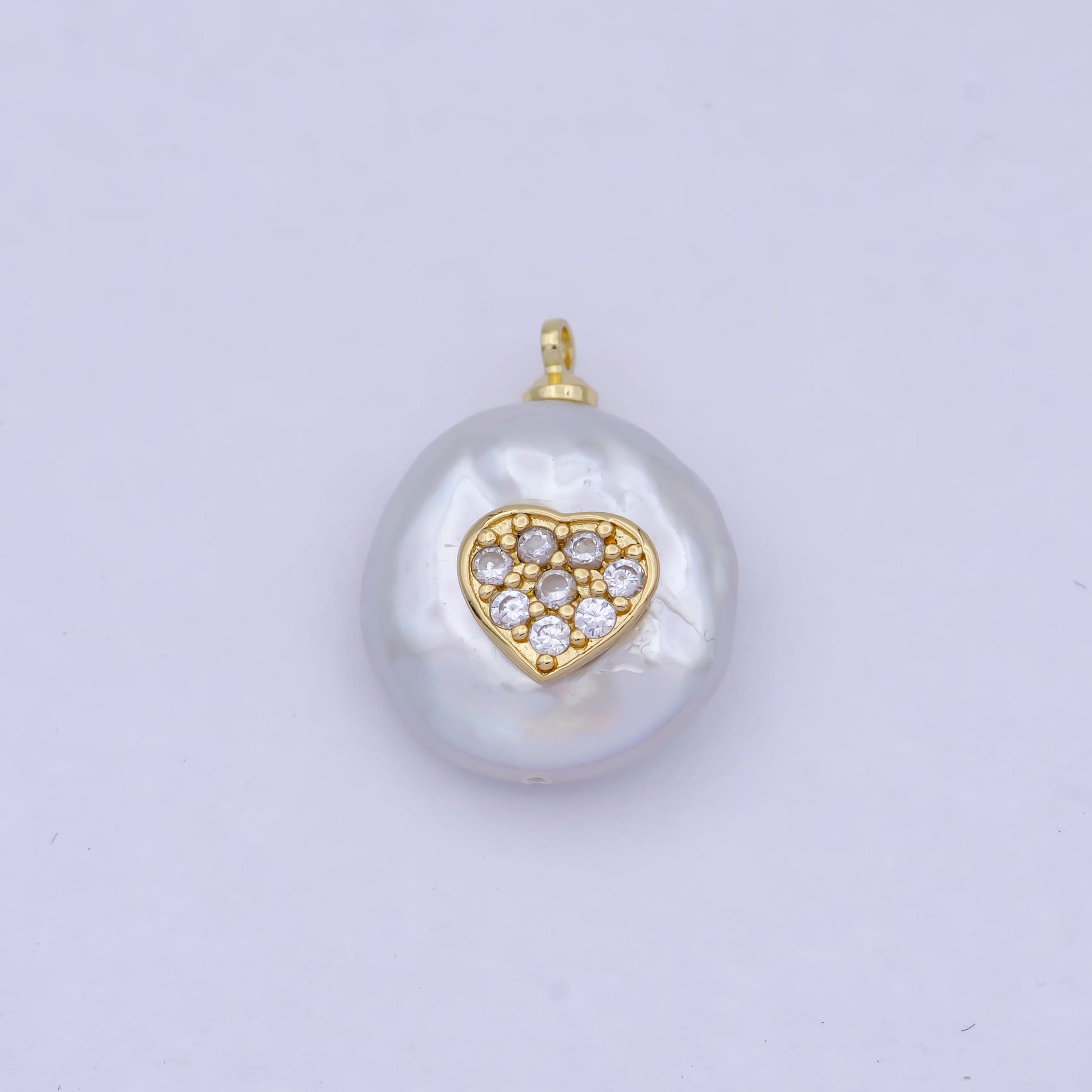 1pc Tiny Gold CZ Heart on Pearl Pendant, 24K Gold Filled Baroque Shaped Pearls w. Micro Paved Clear CZ Heart Center Charm | P-1555