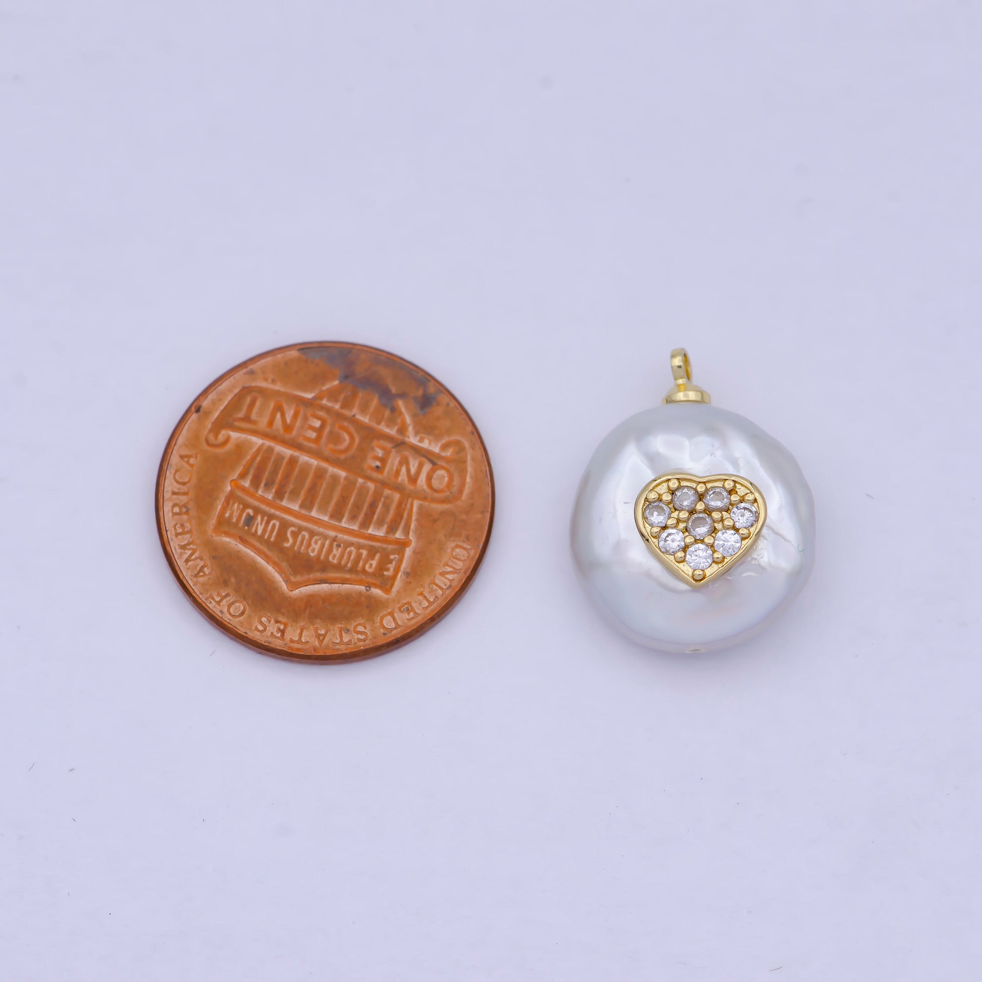 1pc Tiny Gold CZ Heart on Pearl Pendant, 24K Gold Filled Baroque Shaped Pearls w. Micro Paved Clear CZ Heart Center Charm | P-1555