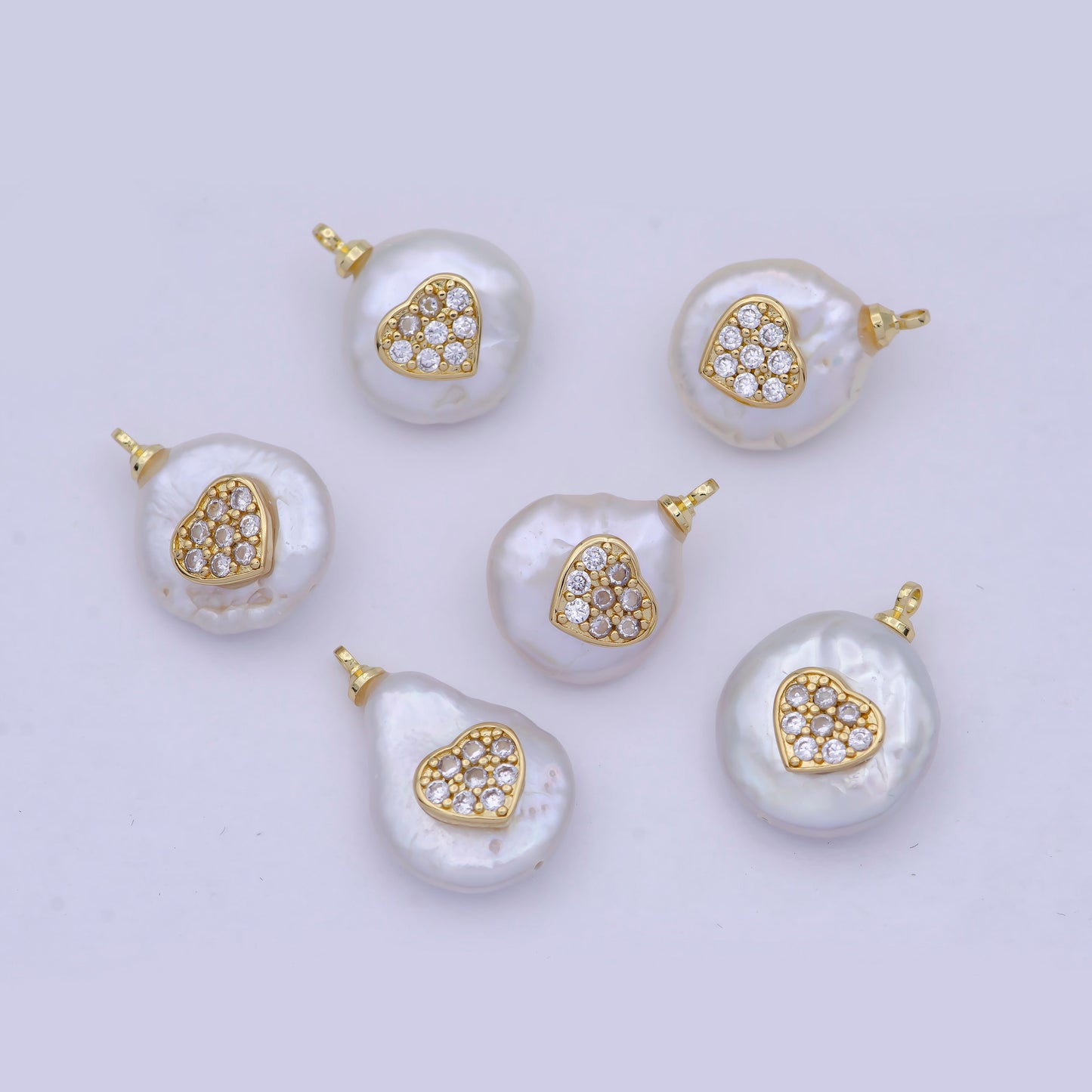 1pc Tiny Gold CZ Heart on Pearl Pendant, 24K Gold Filled Baroque Shaped Pearls w. Micro Paved Clear CZ Heart Center Charm | P-1555