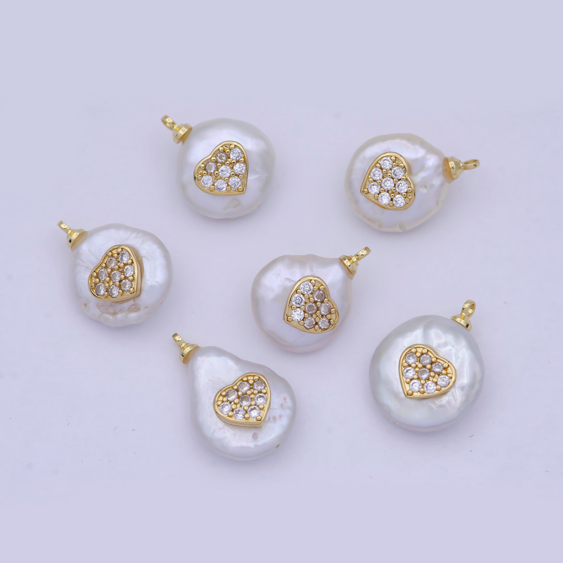 1pc Tiny Gold CZ Heart on Pearl Pendant, 24K Gold Filled Baroque Shaped Pearls w. Micro Paved Clear CZ Heart Center Charm | P-1555
