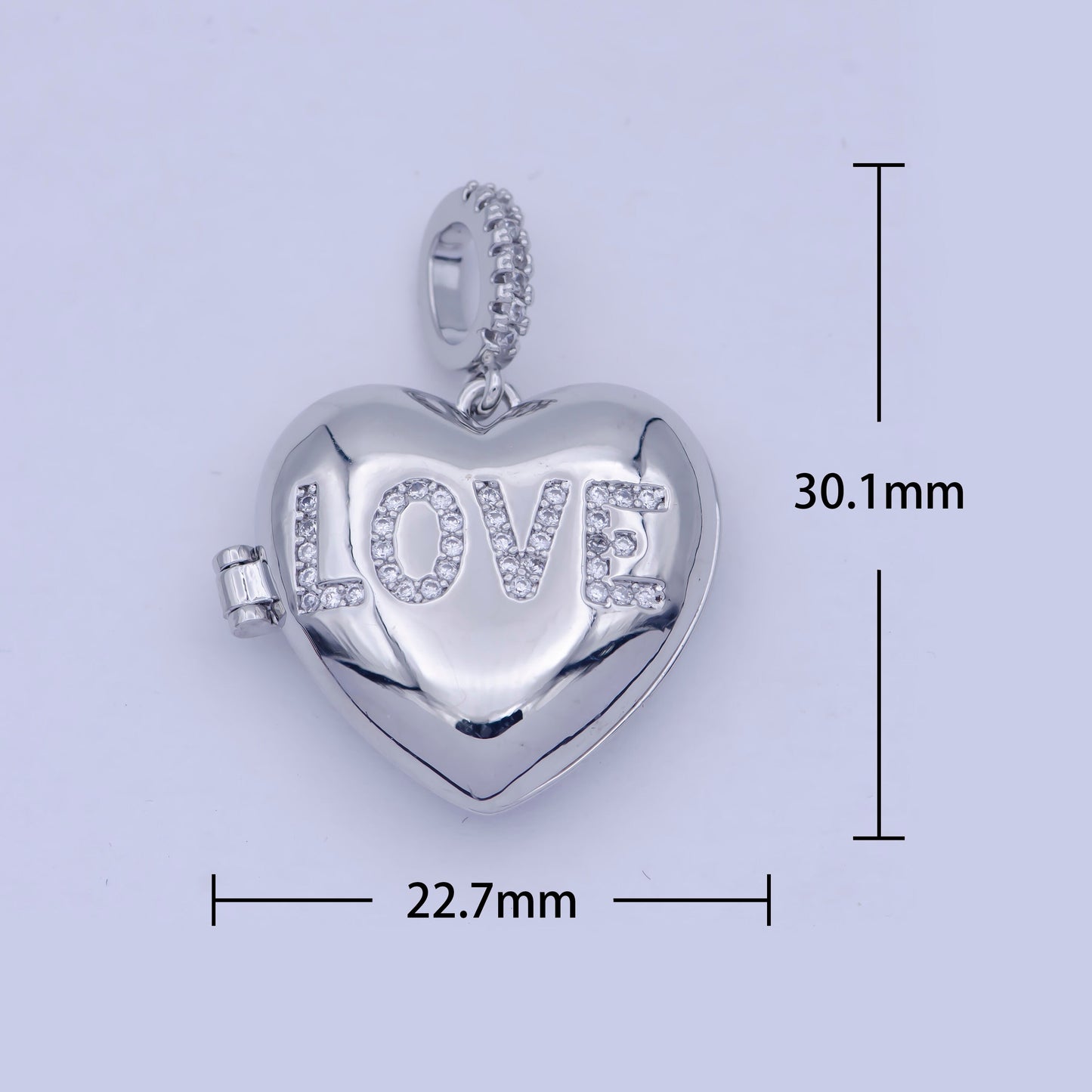 Silver Love Heart Locket Pendant, White Gold Filled Hearts Stamped Micro Paved Clear CZ LOVE Lettering Openable Locket Charm | X-466