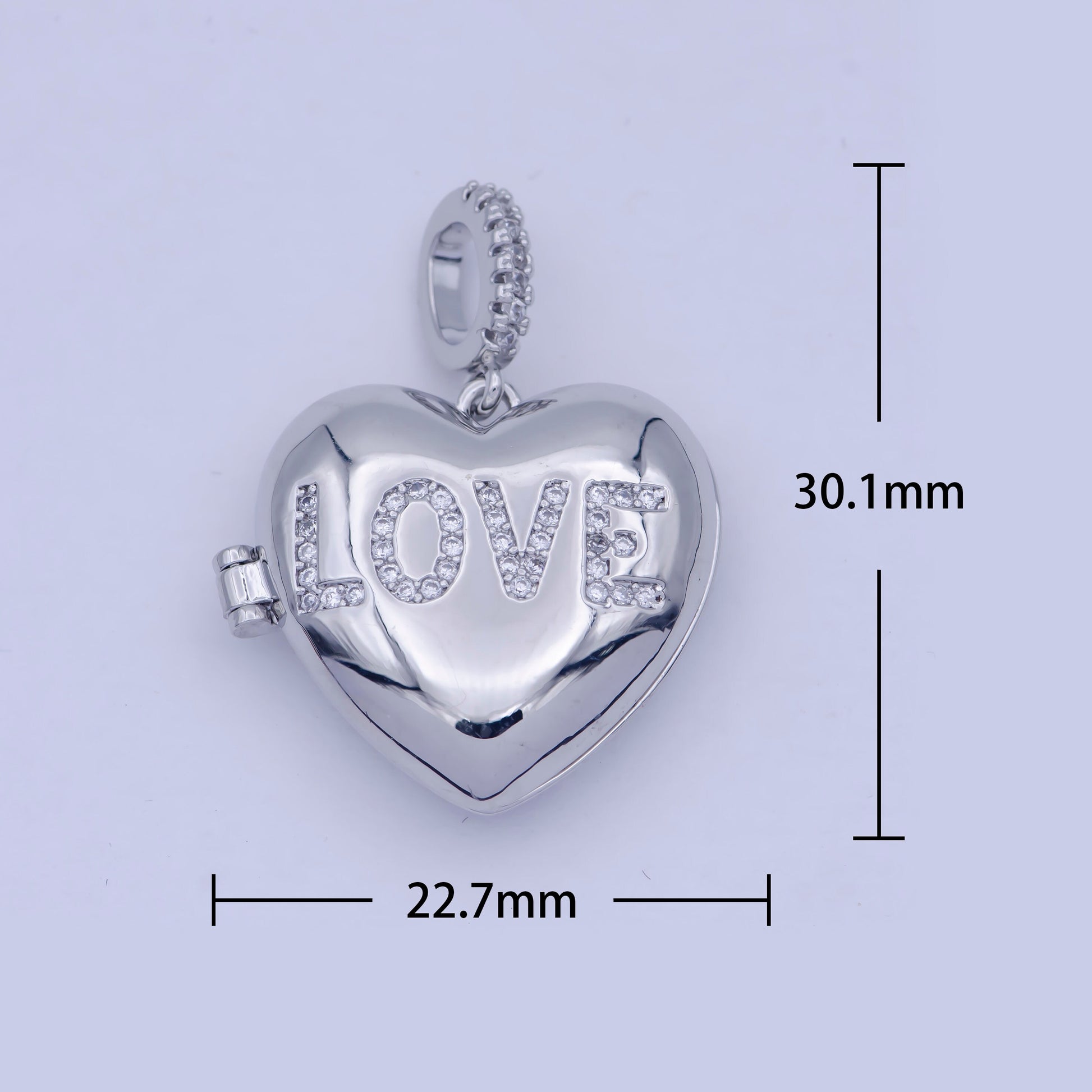 Silver Love Heart Locket Pendant, White Gold Filled Hearts Stamped Micro Paved Clear CZ LOVE Lettering Openable Locket Charm | X-466