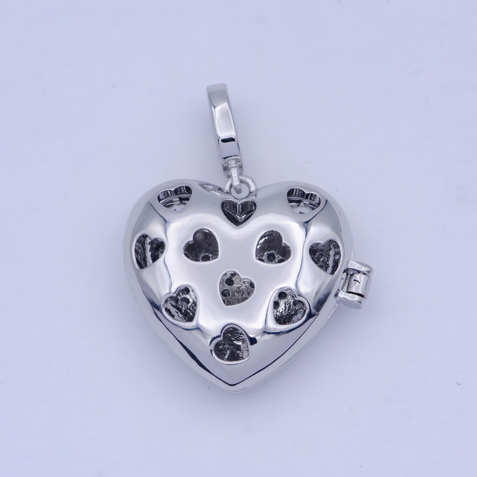 Silver Love Heart Locket Pendant, White Gold Filled Hearts Stamped Micro Paved Clear CZ LOVE Lettering Openable Locket Charm | X-466