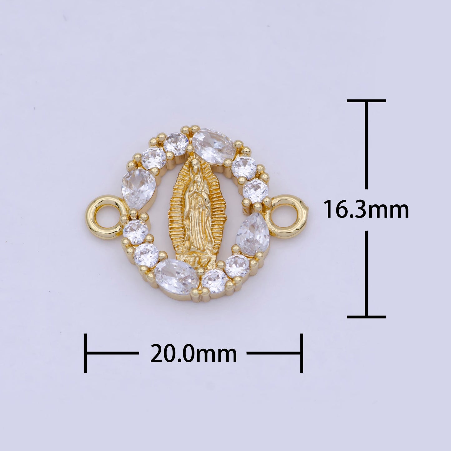 Gold Virgin Mary Charm Connector w. Floral Decorative Edge, 24K Gold Filled Clear Micro Paved CZ Religious Medallion Link Connector | G-910